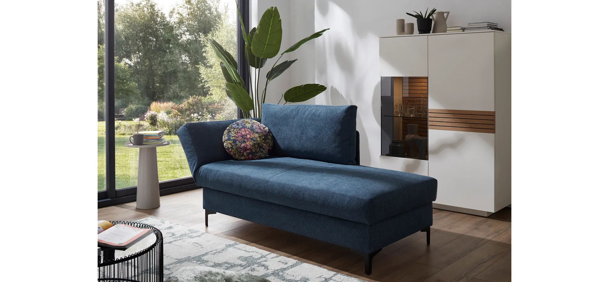 Schlafsofa Verano - Ausrichtung links inkl. Schlaffunktion und Bettkasten, Stoff, Petrol