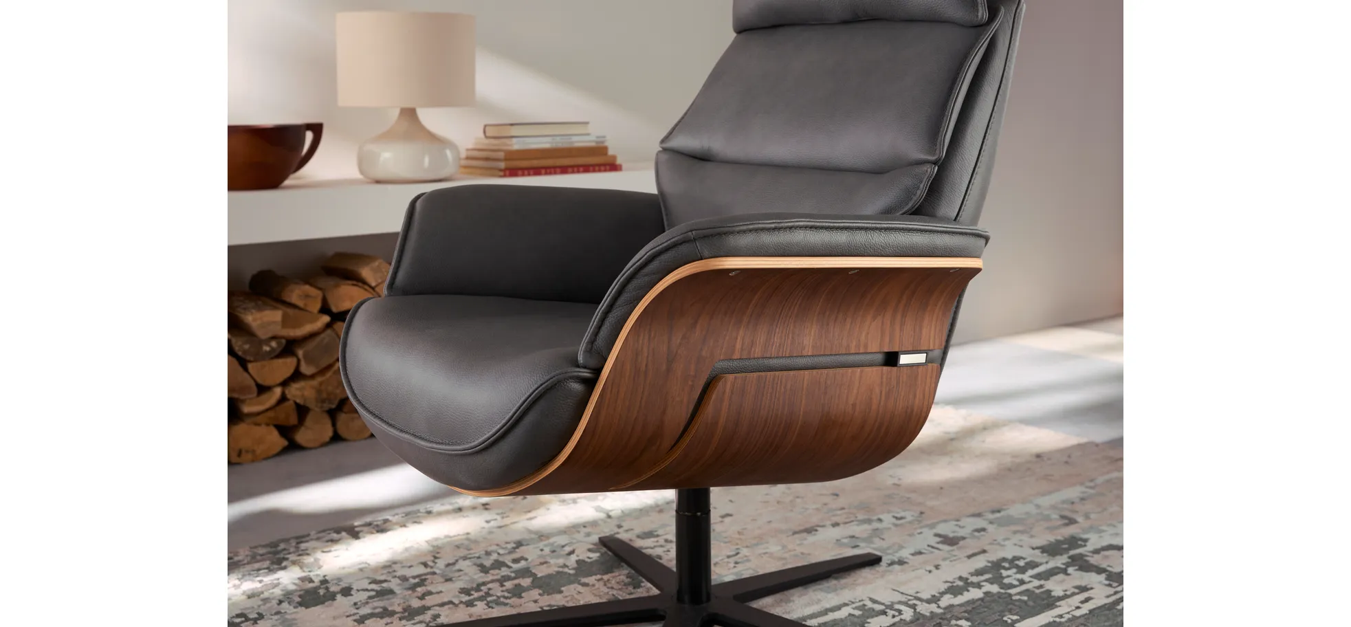 Relaxsessel Perano - Drehbar, Nussbaum, Leder, Anthrazit