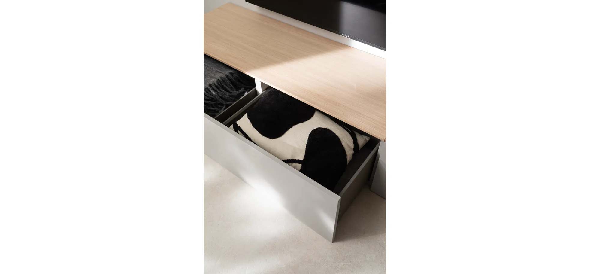 Wohnwand Venzone - B ca. 360 cm, Lack, Hellgrau, Eiche furniert