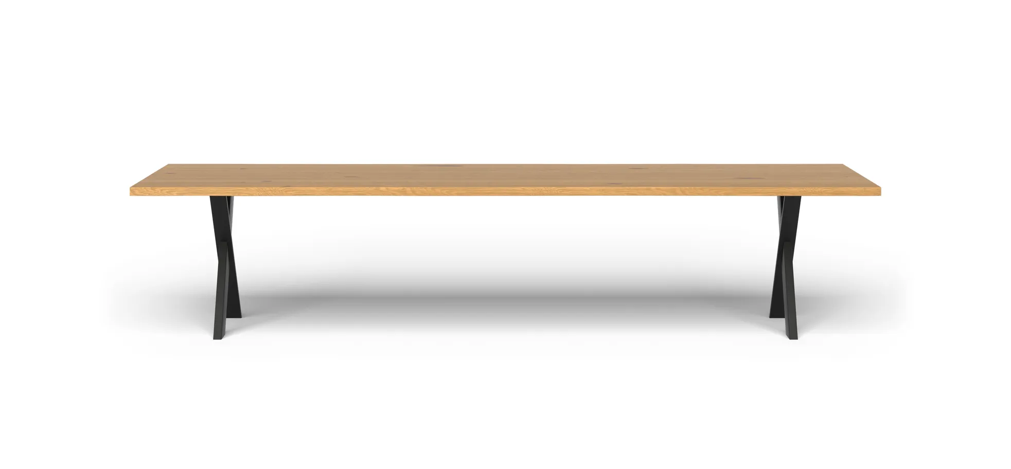 Esstisch 3100 - LB ca. 350x100 cm, Asteiche massiv, Waldkante, Kreuzfuß, Schwarz
