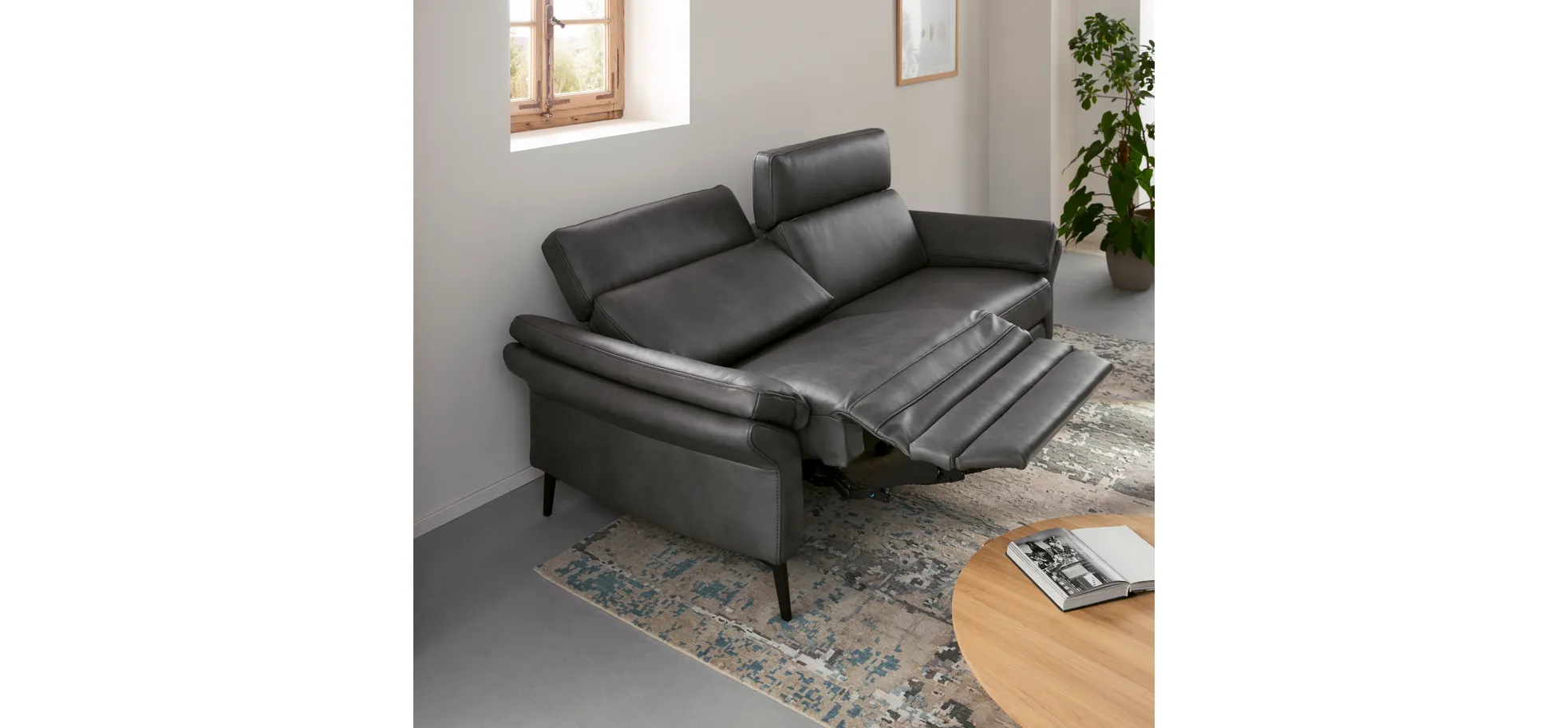 Sofa Atella - 3-Sitzer inkl. motorischer Relax- und Kopfteilverstellung, Leder, Anthrazit