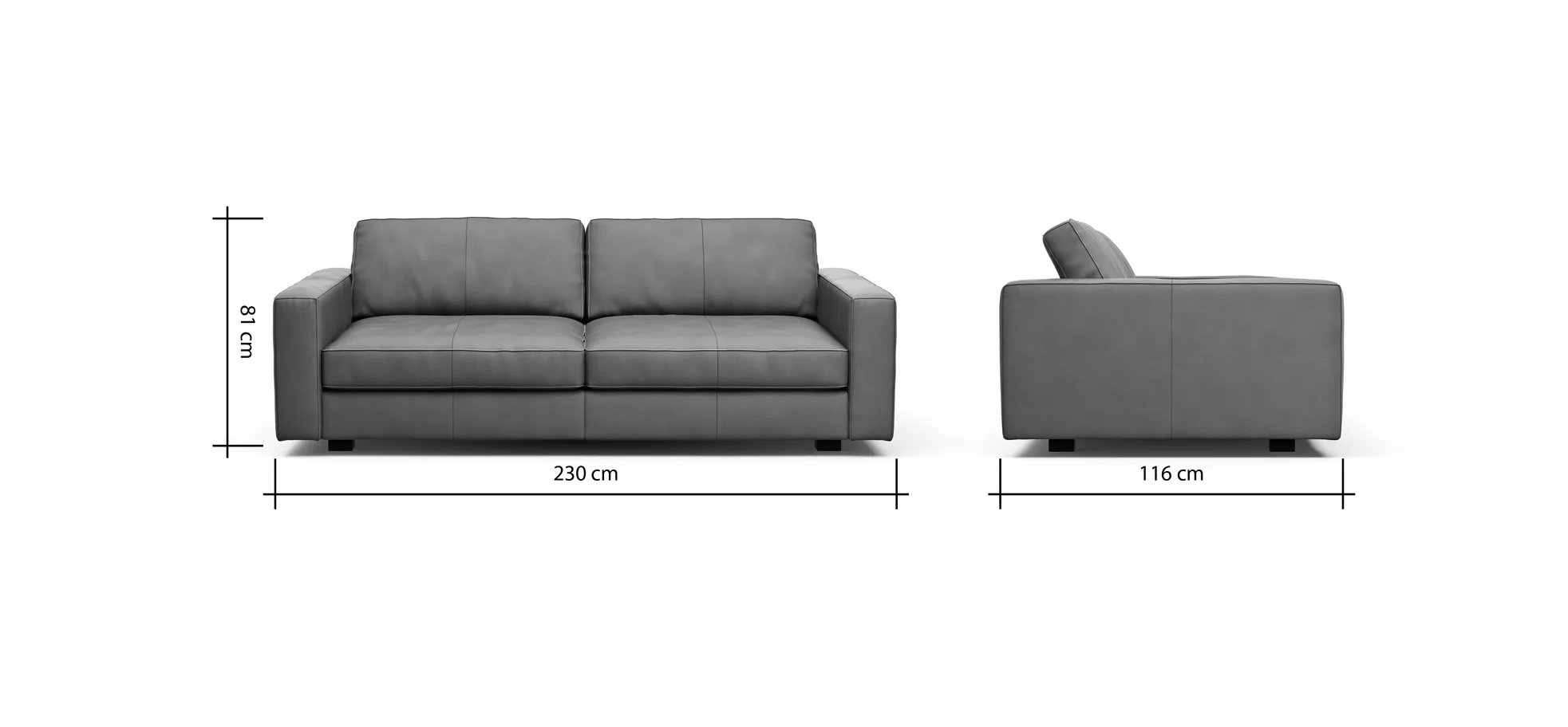 Sofa Aprino 2 - 3,5-Sitzer L, Dickleder, Schwarz, Armlehne Block schmal
