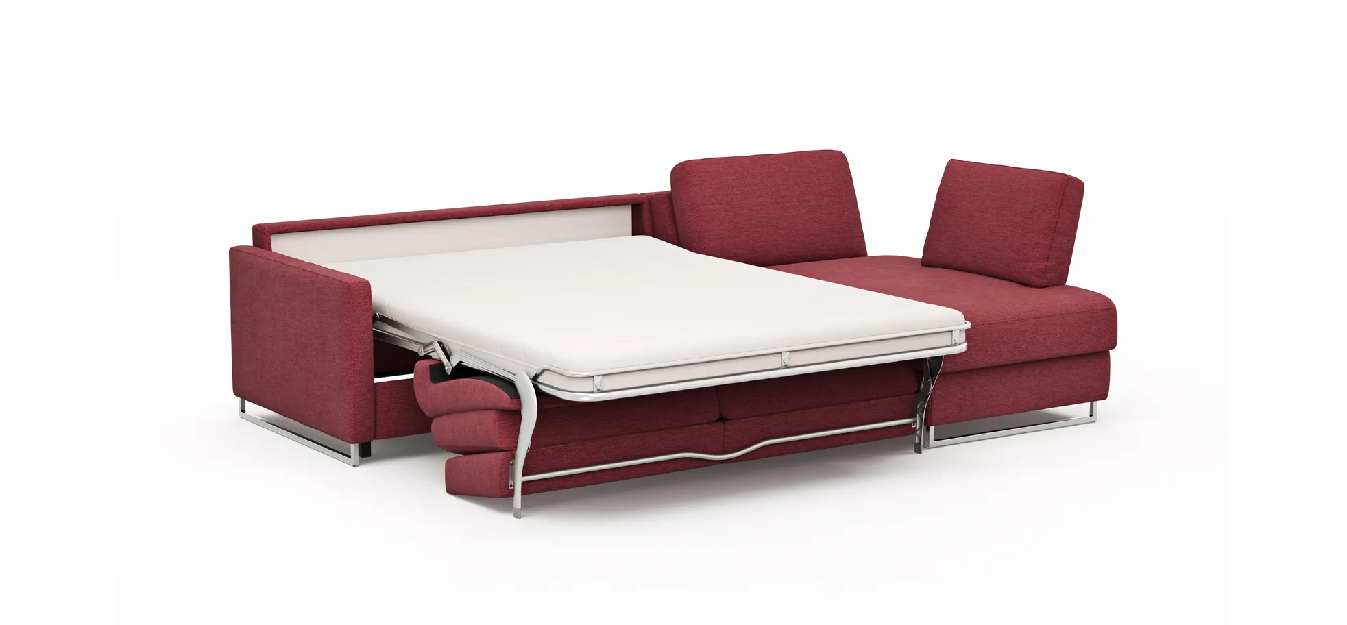 Ecksofa Nuoro - 2-Sitzer mit Longchair rechts inkl. Schlaffunktion und Bettkasten, Stoff, Rubin
