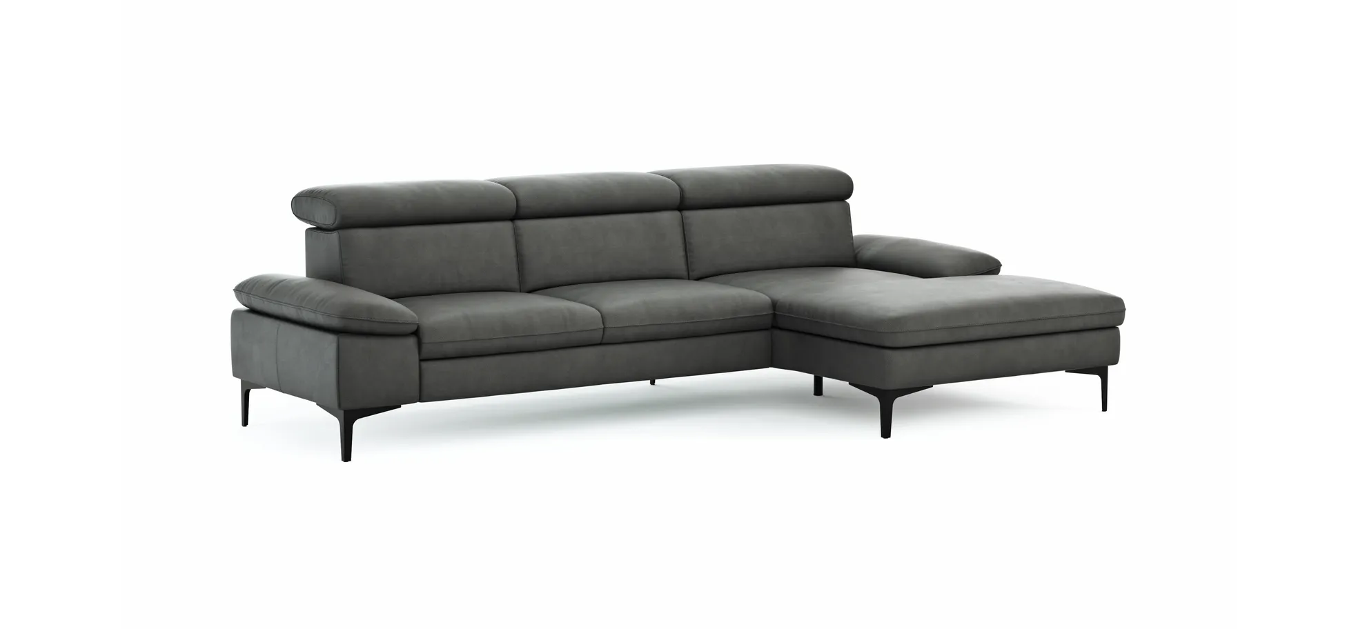 Ecksofa Felipa - 2,5-Sitzer mit Longchair rechts inkl. Kopfteil verstellbar, Leder, Grau