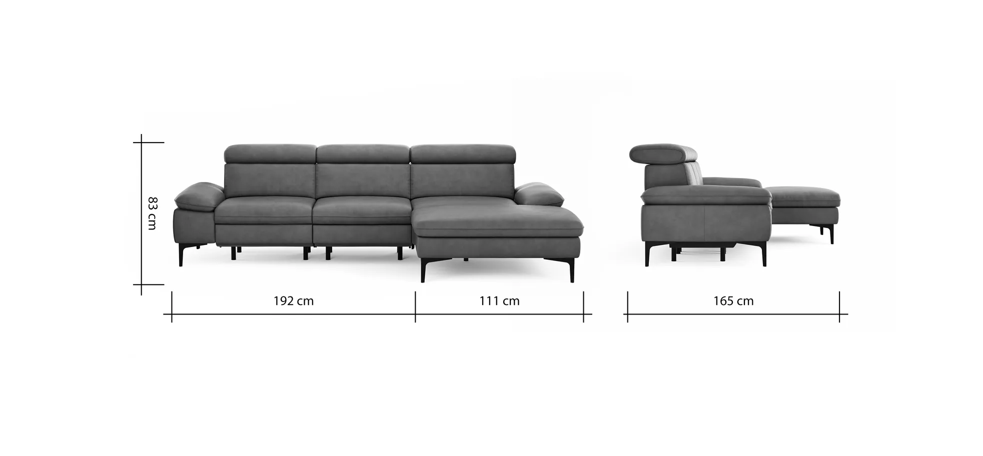 Ecksofa Felipa - 2,5-Sitzer mit Longchair rechts inkl. Armlehne verstellbar und Rückenlehne/Sitztiefe verstellbar (motorisch), Leder, Cognac