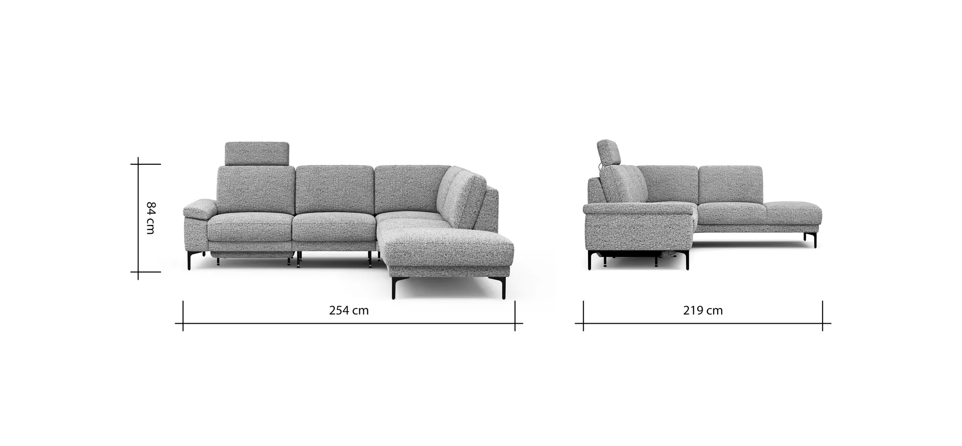 Ecksofa Matero - 2-Sitzer mit Ecke rechts inkl. Relaxfunktion motorisch und Sitzvorzug, Stoff, Graubeige