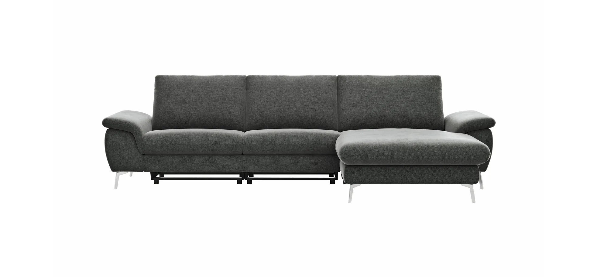 Ecksofa Gotera - 1,5-Sitzer med + 1,5-Sitzer med mit Longchair groß rechts inkl. Schlaffunktion (teilmotorisch), Armlehne klappbar, Rückenlehne verstellbar  und einmal Relaxfunktion (teilmotorisch), Stoff, Anthrazit 1186881