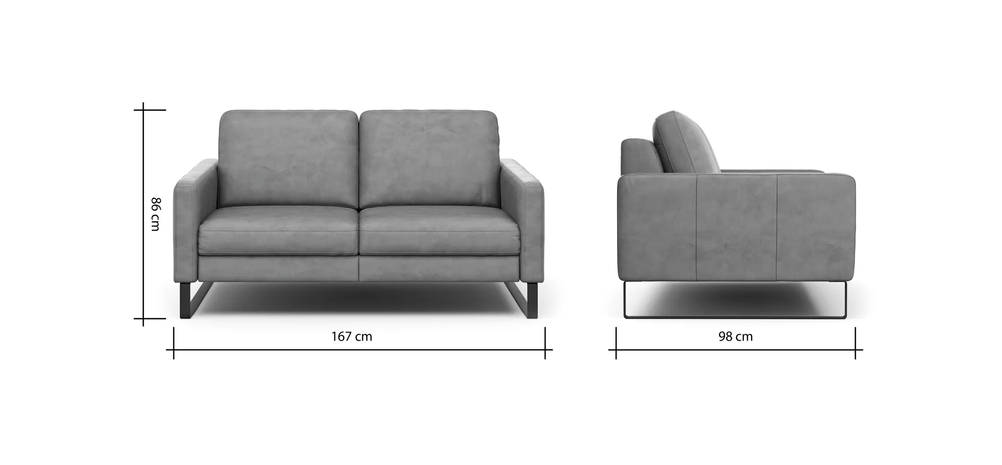 Sofa Enna - 2,5-Sitzer, Armlehne A, Leder, Cognac, Kufe, Schwarz