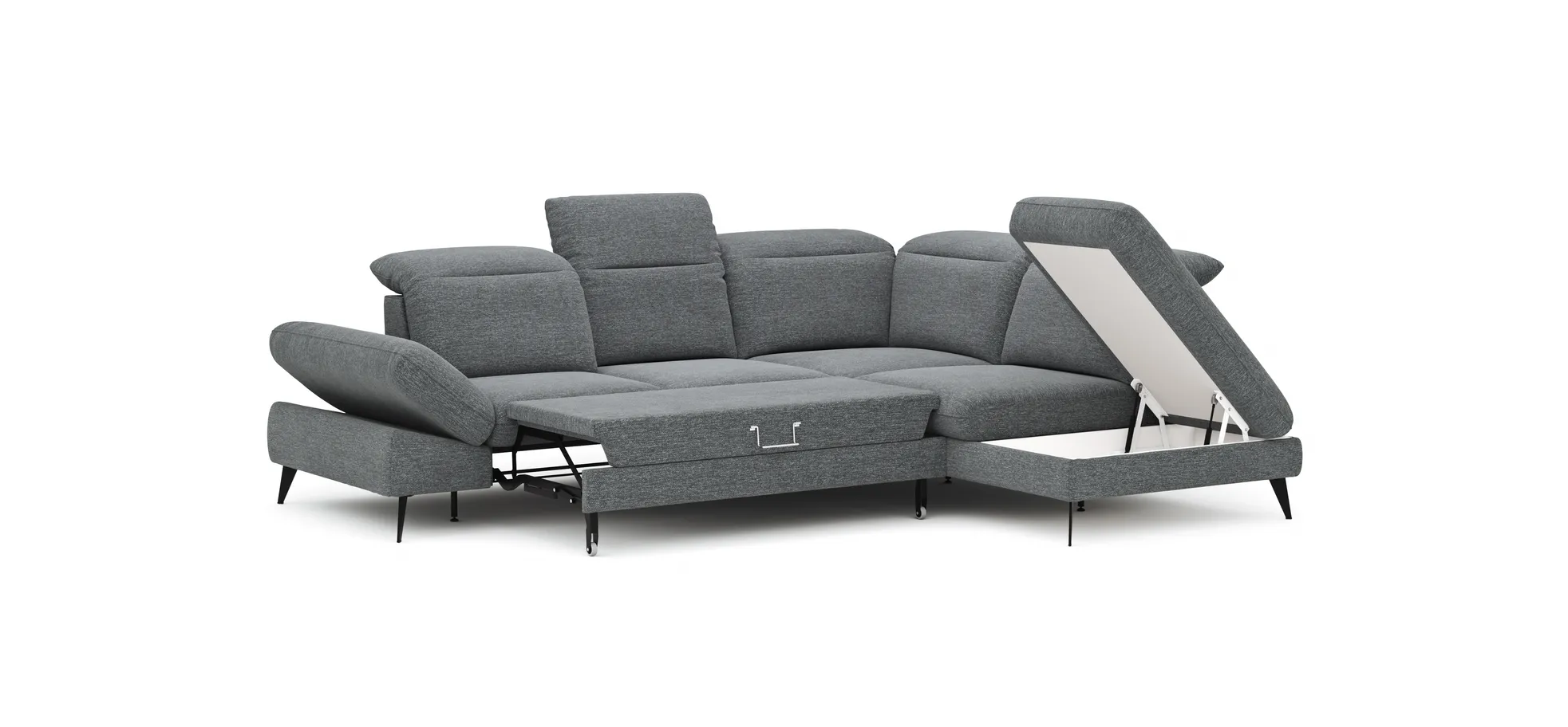 Ecksofa Alegria - 2,5-Sitzer mit Ecke rechts inkl. Schlaffunktion und Kopfteil/ Armteil/ Sitztiefe verstellbar, Stoff, Graublau