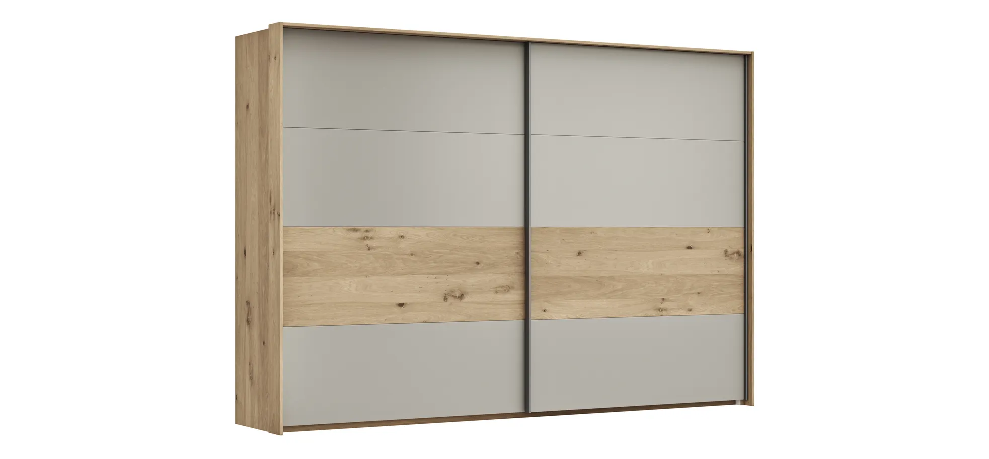 Schwebetürenschrank Viana - B ca. 308 cm, Furnier, Balkeneiche, Hellgrau 106172