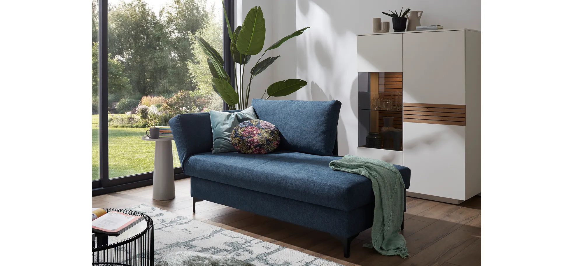 Schlafsofa Verano - Ausrichtung links inkl. Schlaffunktion und Bettkasten, Stoff, Petrol