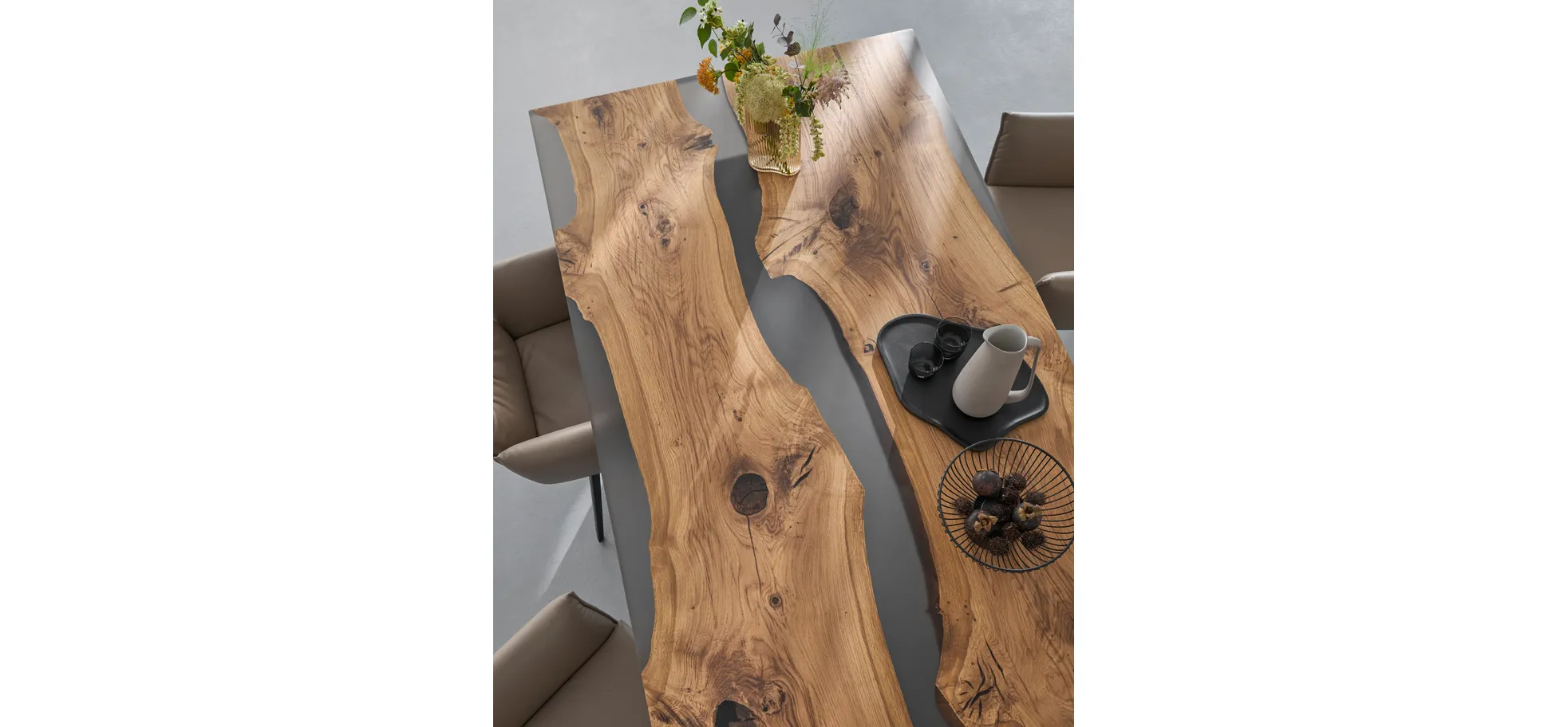 Esstisch Nera - LB ca. 220 x 110 cm, Asteiche massiv, Epoxy, Grau