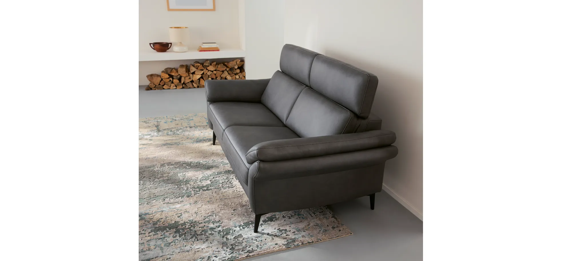 Sofa Atella - 2,5-Sitzer, inklusive Kopfteilverstellung, Leder, Anthrazit