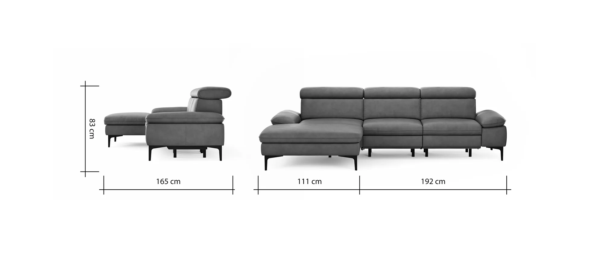 Ecksofa Felipa - Longchair links mit 2,5-Sitzer inkl. Armlehne verstellbar und Rückenlehne/Sitztiefe verstellbar (motorisch), Leder, Cognac