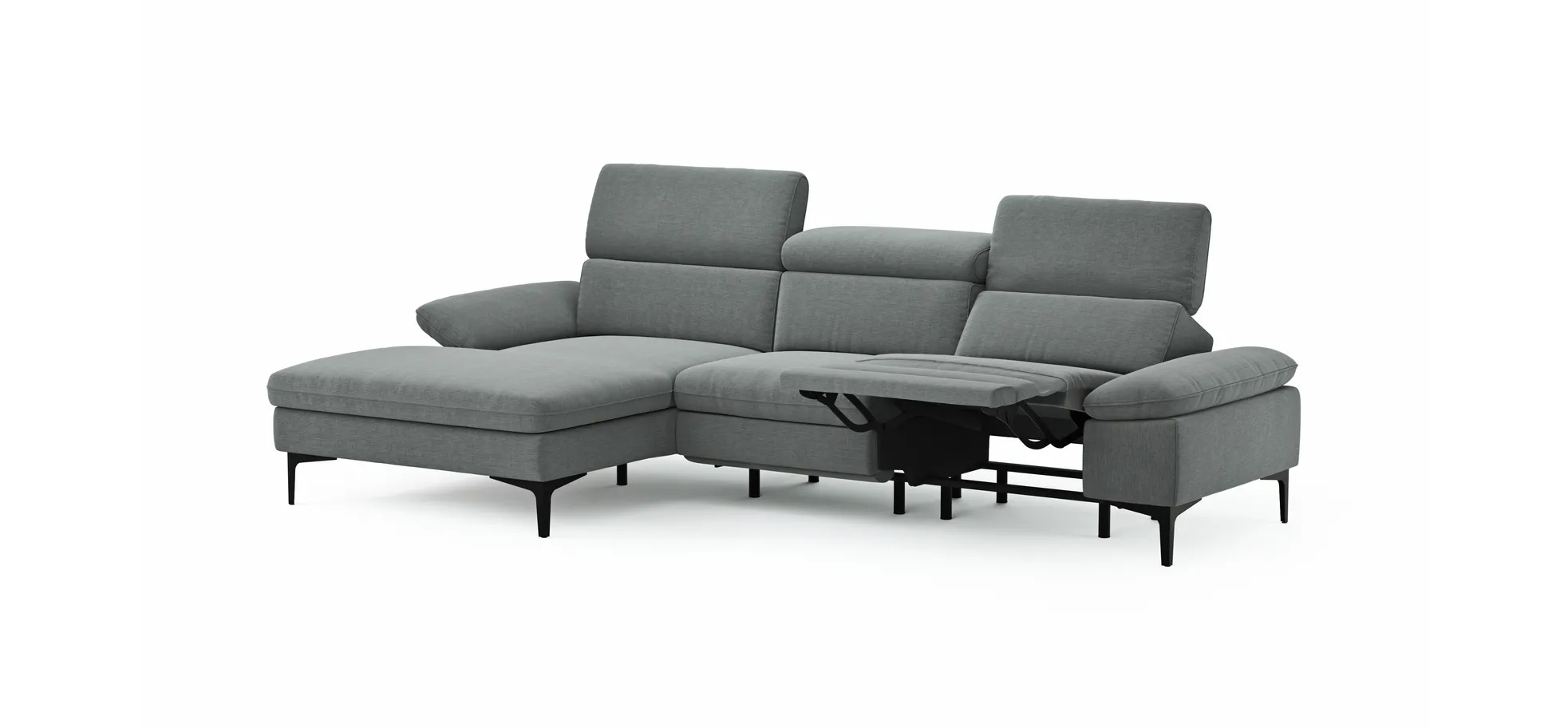 Ecksofa Felipa - Longchair links mit 2,5-Sitzer inkl. Armlehne verstellbar und Rückenlehne/Sitztiefe verstellbar (motorisch), Stoff, Grau