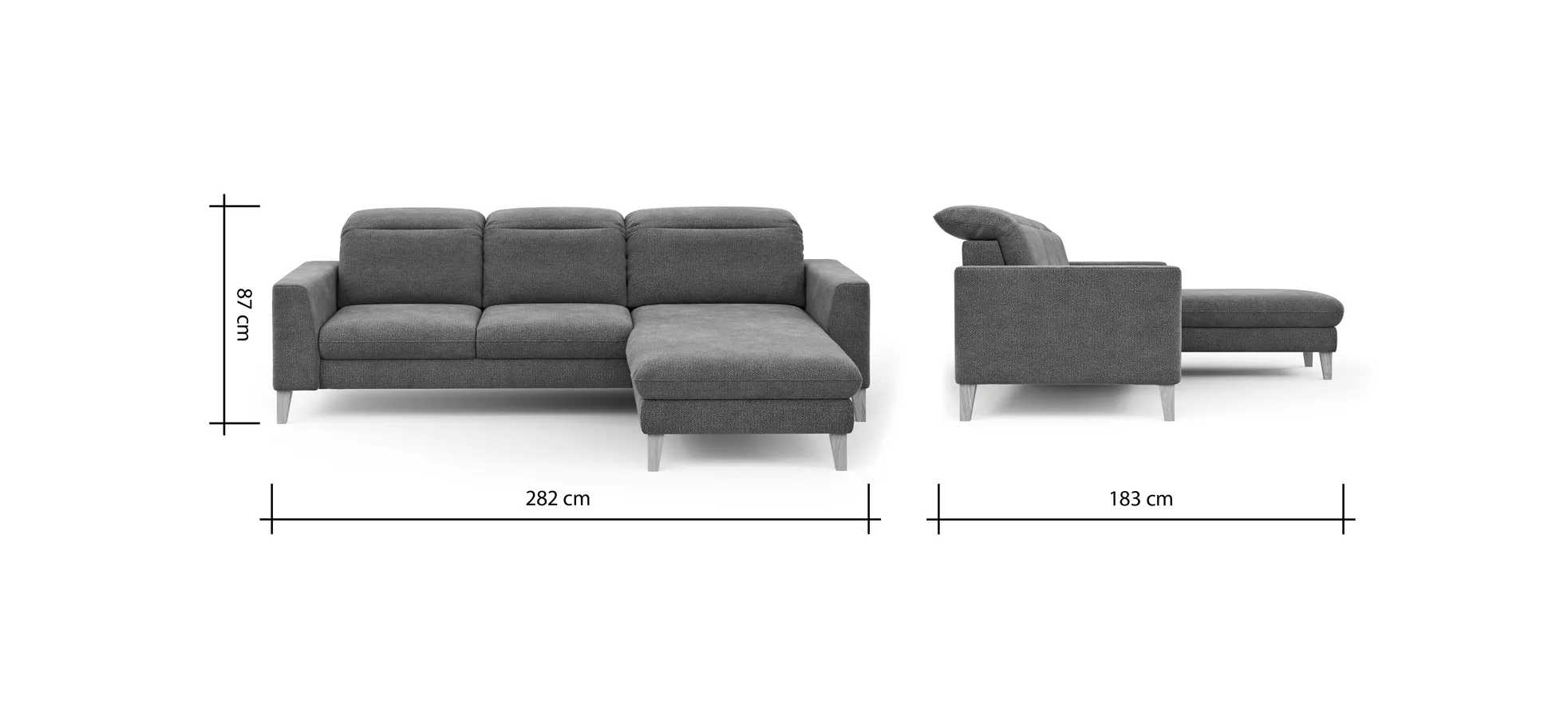 Ecksofa Alegria Plus - 2,5-Sitzer mit Longchair rechts inkl. Kopfteil verstellbar, Stoff, Nougat