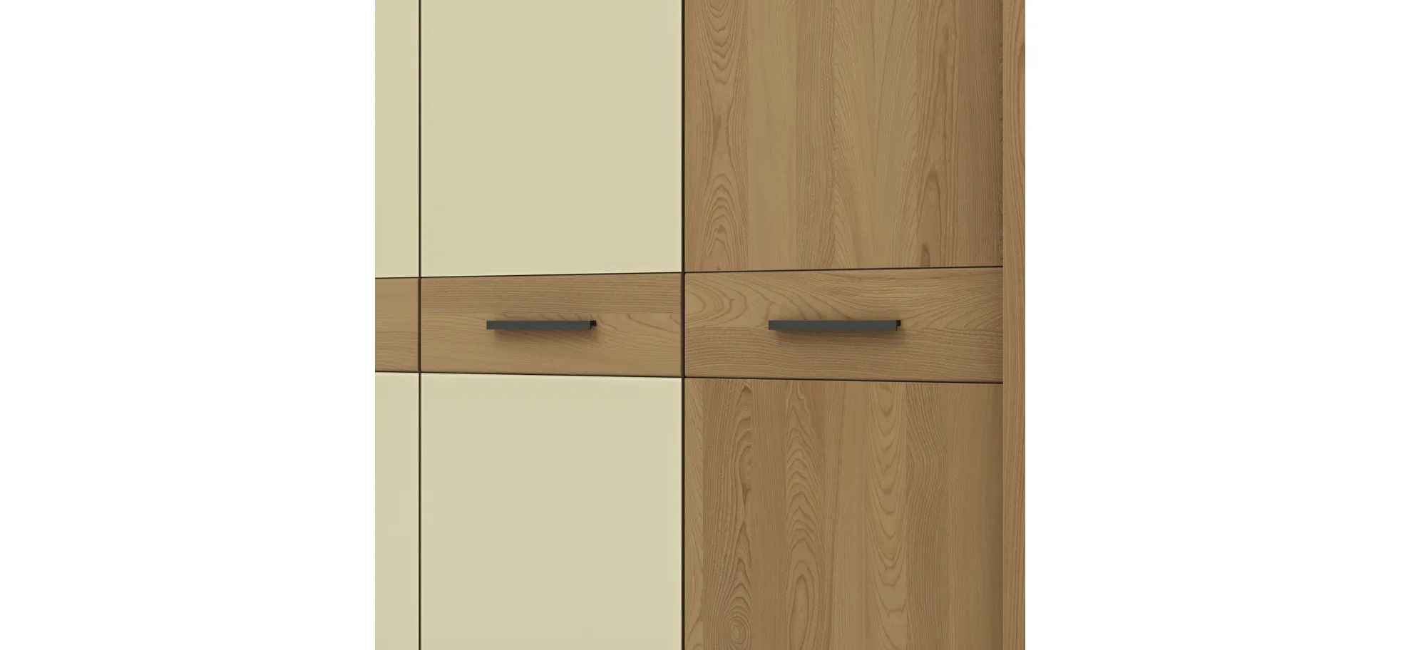 Drehtürenschrank Lenoso - B. ca. 306 cm, Eiche massiv, Glas, Champagner