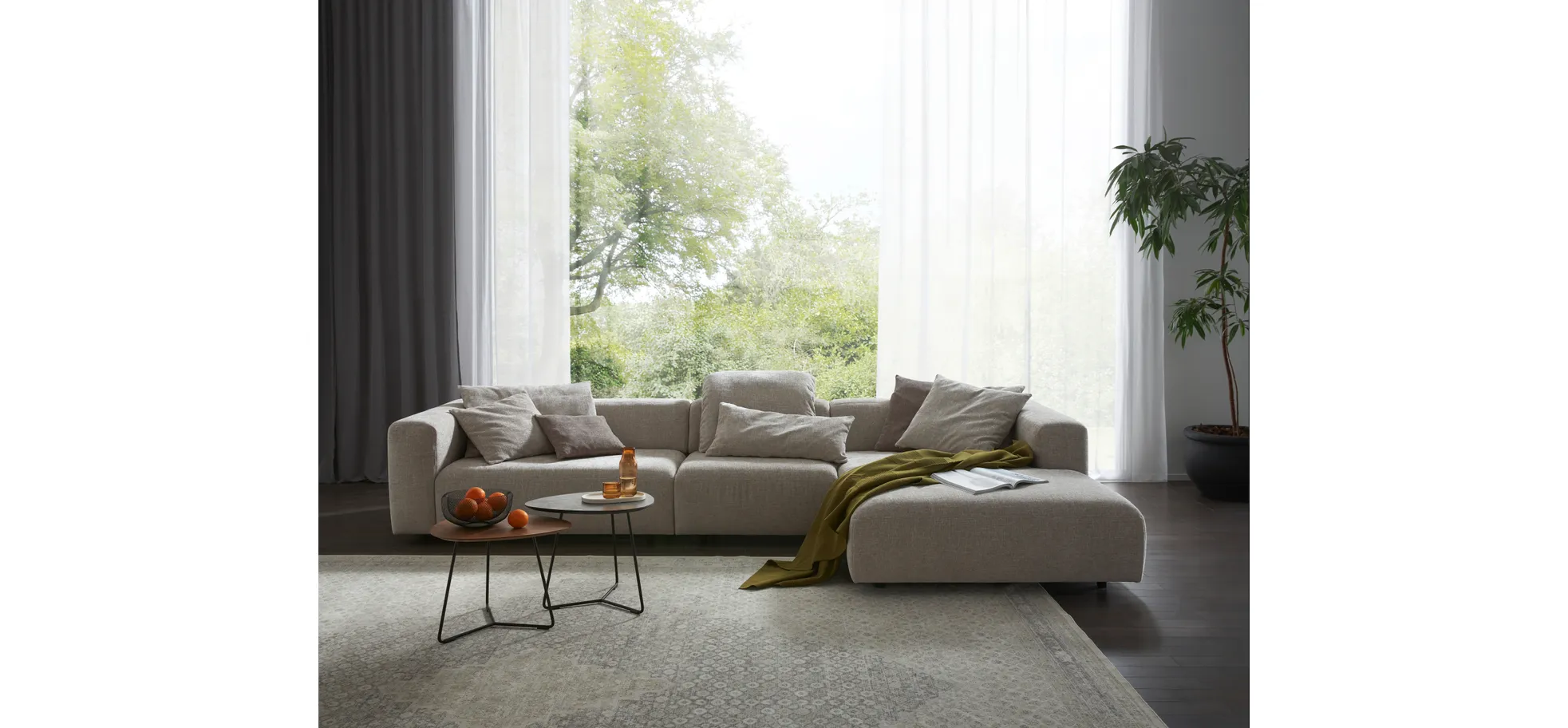 Ecksofa Caruso - 3-Sitzer, Longchair rechts, Stoff, Graubeige