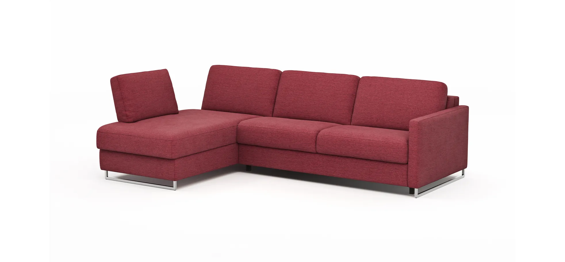 Ecksofa Nuoro - Longchair links mit 2-Sitzer inkl. Schlaffunktion und Bettkasten, Stoff, Rubin