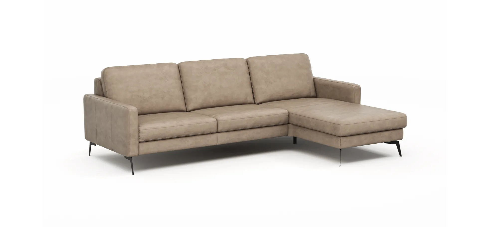 Ecksofa Enna - 3-Sitzer mit Longchair rechts, Armlehne A, Leder, Taupe
