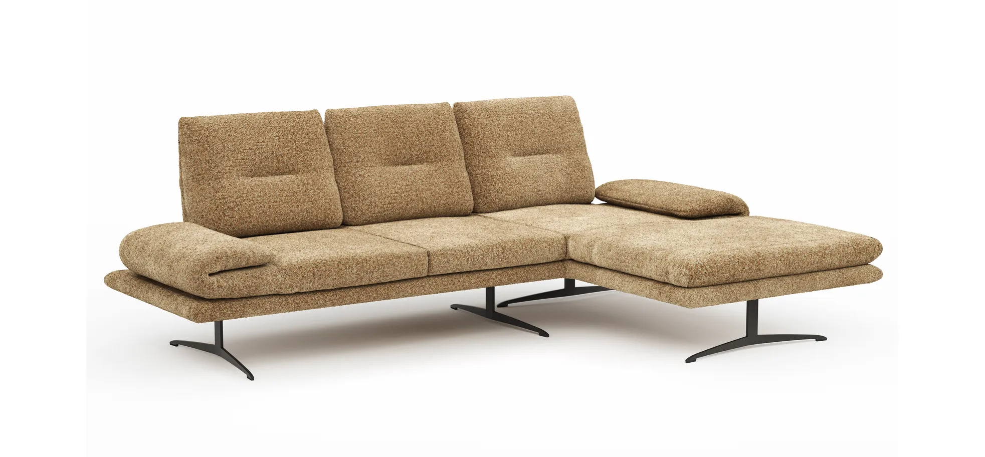 Ecksofa Lucero 2.0 - 2-Sitzer mit Longchair rechts inkl. Sitztiefenverstellung, Drehsitz und Sitztiefe verstellbar, Stoff, Cognac
