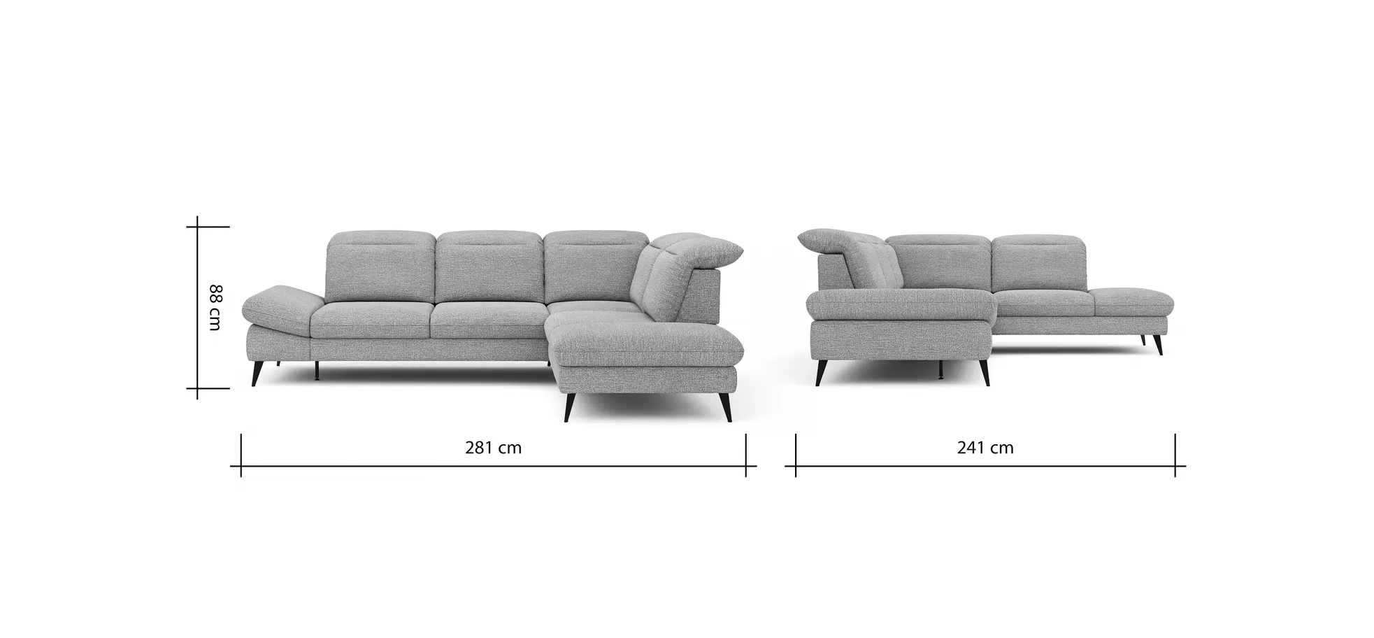 Ecksofa Alegria - 2,5-Sitzer mit Ecke rechts inkl. Kopfteil/ Armlehne/ Sitztiefe verstellbar, Stoff, Graublau