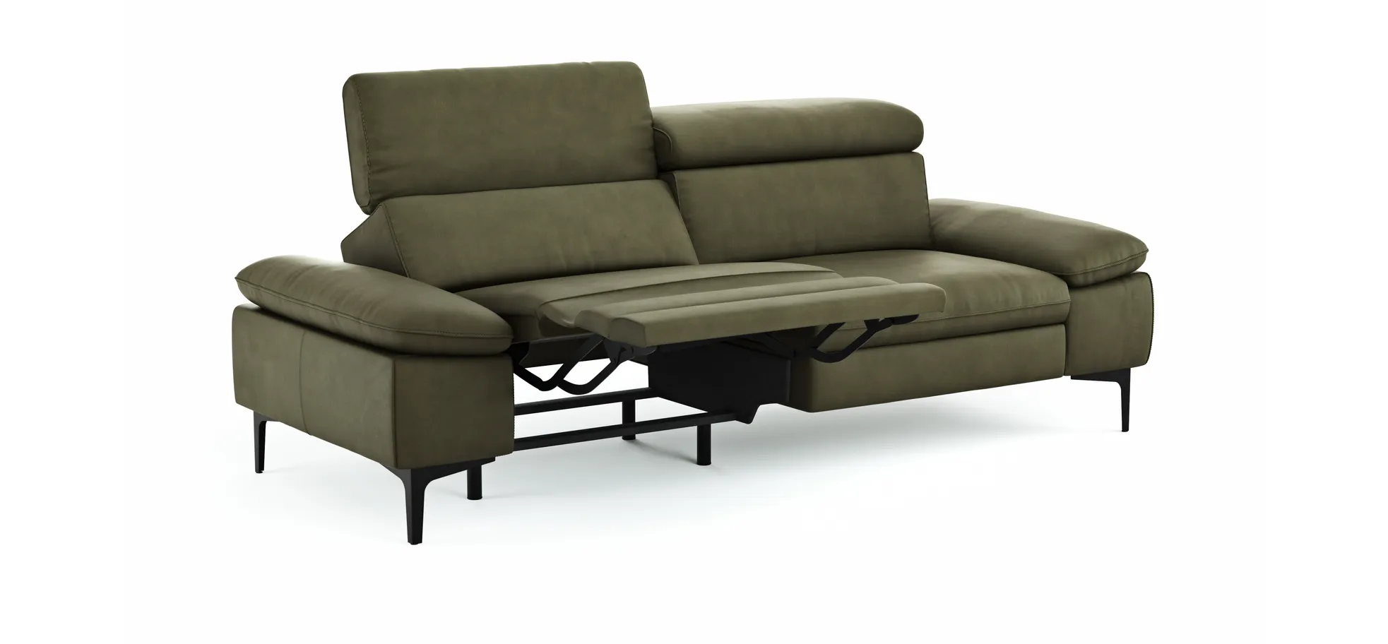 Sofa Felipa - 3-Sitzer inkl. Relaxfunktion (motorisch) und Kopfteil verstellbar, Leder, Olive