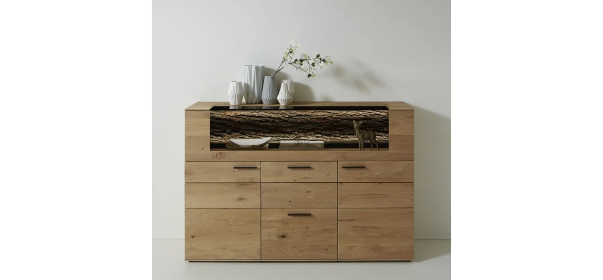 Highboard - mit Beleuchtung, Kerneiche massiv