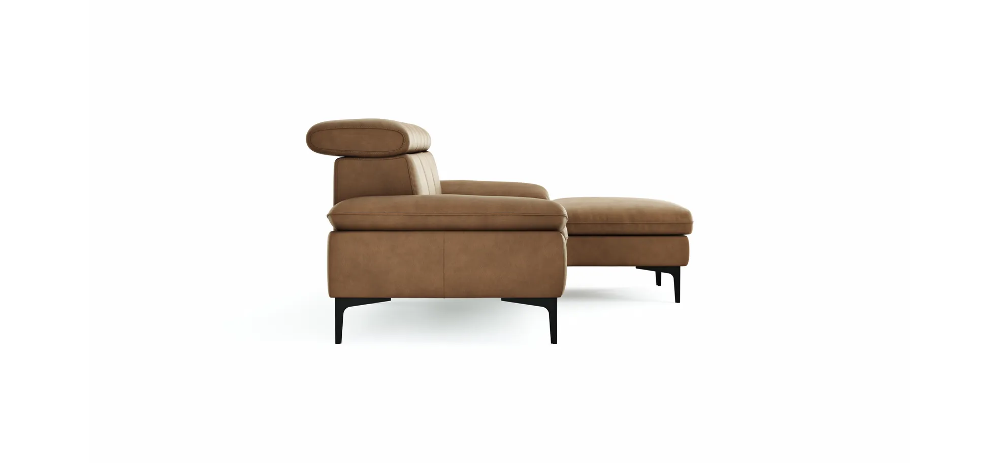 Ecksofa Felipa - 2,5-Sitzer mit Longchair rechts inkl. Kopfteil verstellbar, Leder, Cognac