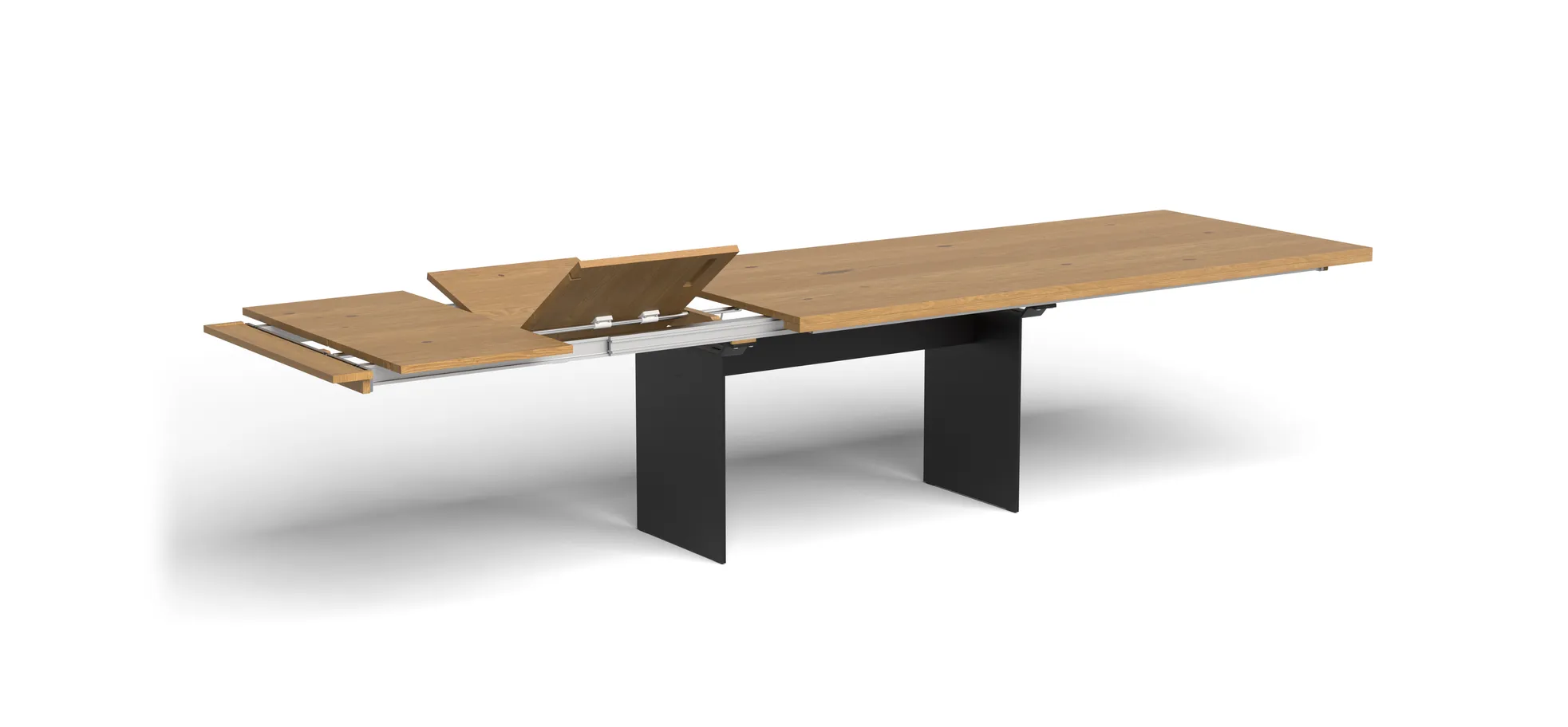 Esstisch 3100 - LB ca. 220x100 cm, ausziehbar,  Asteiche massiv, Geölt, Wange Rohstahl, Schwarz