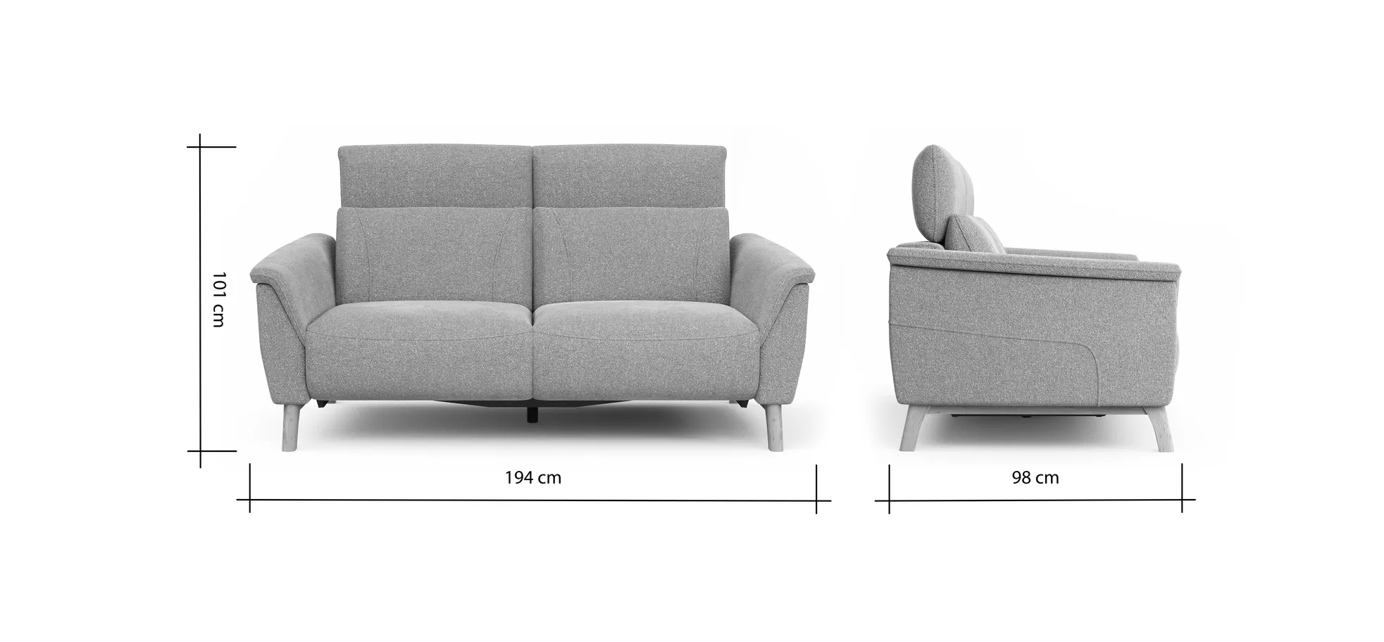 Sofa Nevin - 2,5-Sitzer inkl. Sitzvorzug (motorisch) und Kopfpolsterverstellung, Stoff, Silbergrau