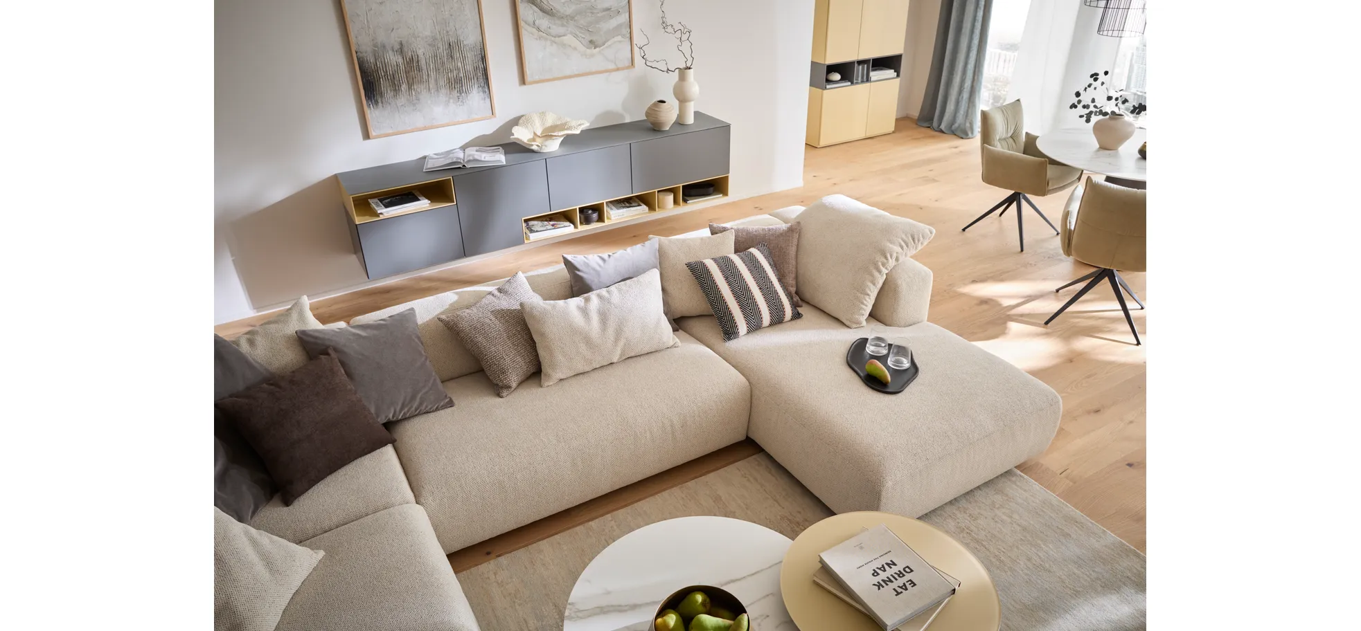 Ecksofa Caruso - Ecke links, 2-Sitzer, Longchair rechts, inklusive Kissen, Stoff, Ecru