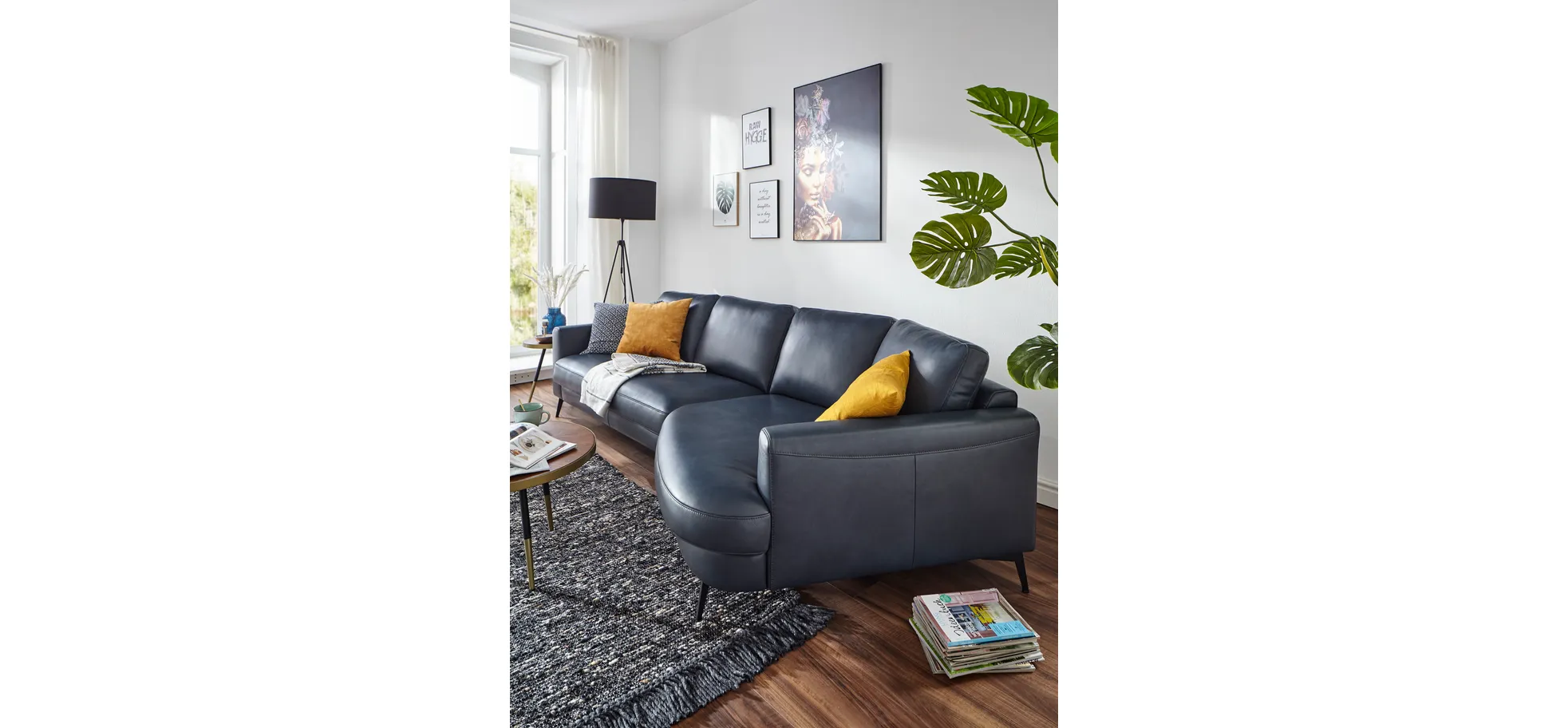Ecksofa Oviedo - 2-Sitzer mit Ecke rechts, Leder, Dunkelblau