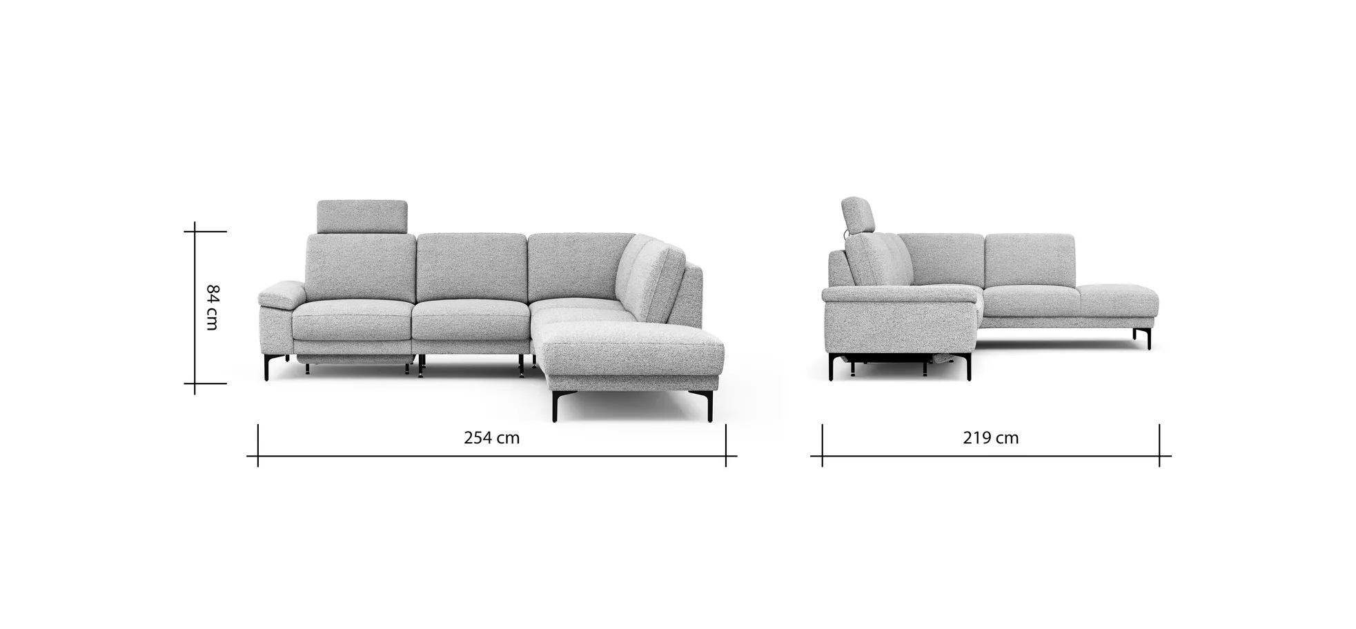 Ecksofa Matero - 2-Sitzer mit Ecke rechts inkl. Relaxfunktion motorisch und Sitzvorzug, Stoff, Hellgrau
