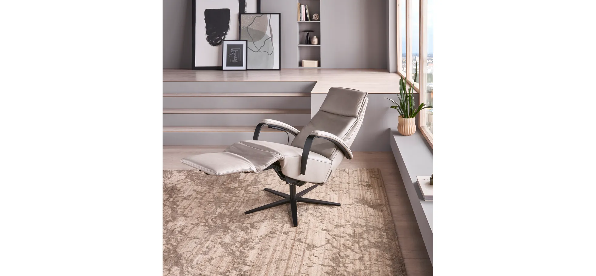 Relaxsessel Avela Relax - Größe L, Kopf-/ Fußteil und Rückenlehne verstellbar, Leder, Steingrau