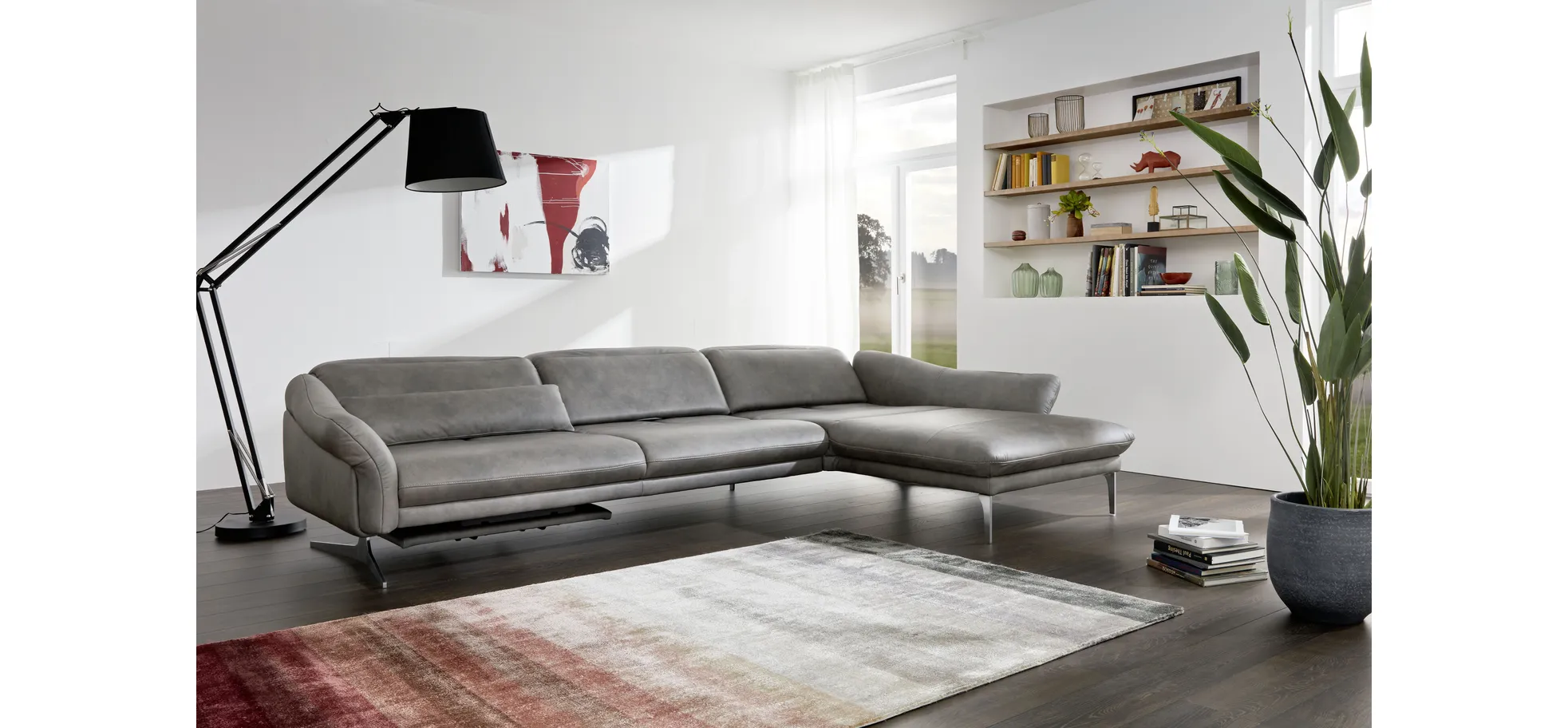 Ecksofa EM Imola - 2,5-Sitzer mit Longchair rechts inkl. Kopfteil und Sitztiefe verstellbar, Leder, Graugrün