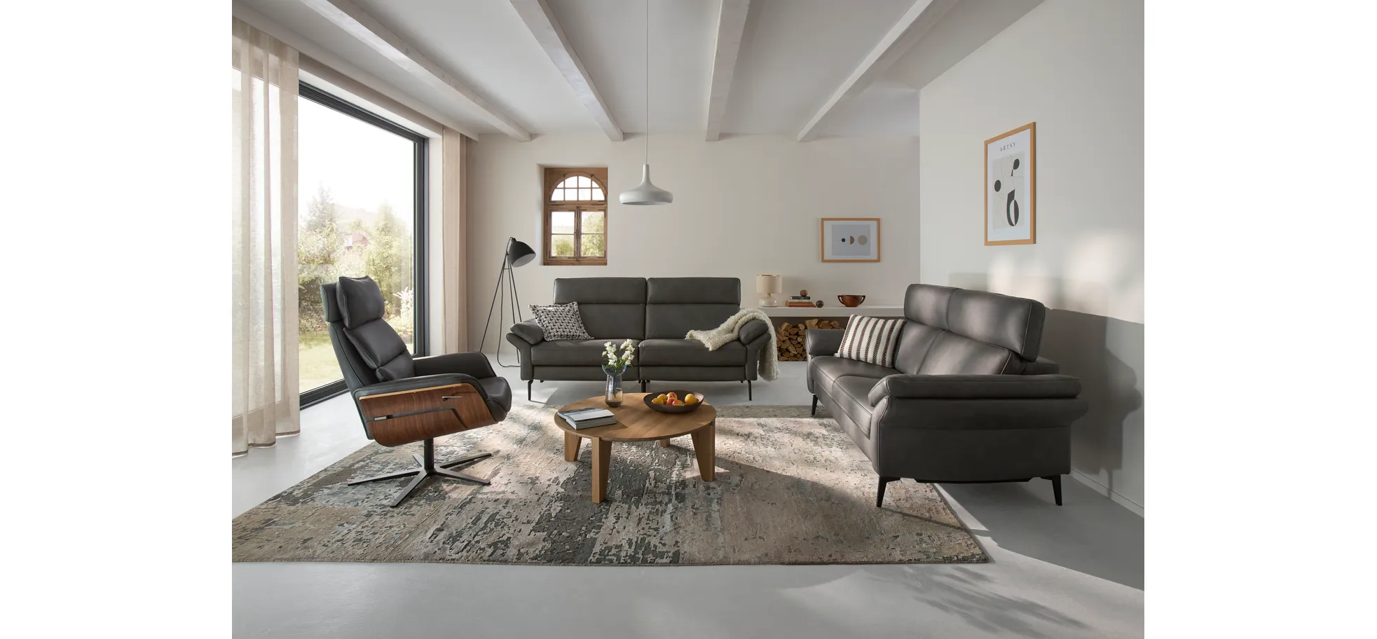 Sofa Atella - 2,5-Sitzer, inklusive Kopfteilverstellung, Leder, Anthrazit
