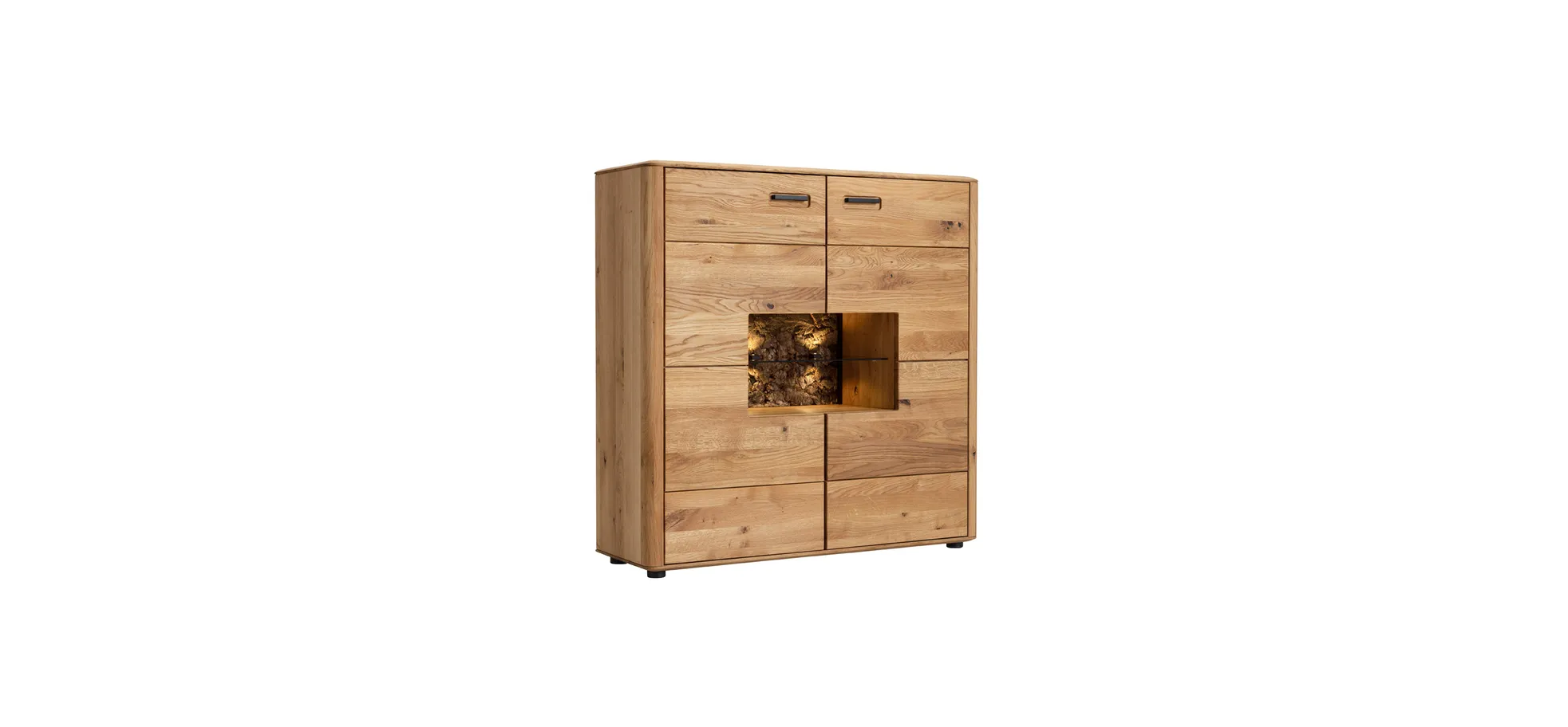Highboard Vigo - inkl. Beleuchtung, Wildeiche massiv, Natur geölt 144755