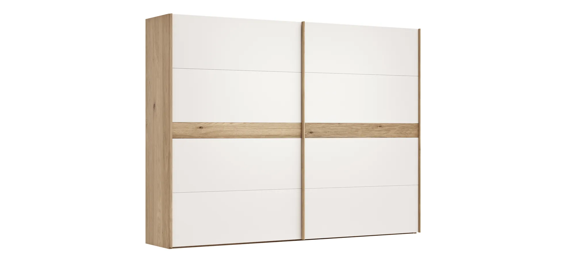Schwebetürenschrank Viana - B ca. 301 cm, Lack, Weiß, Riffholz, Balkeneiche 120141