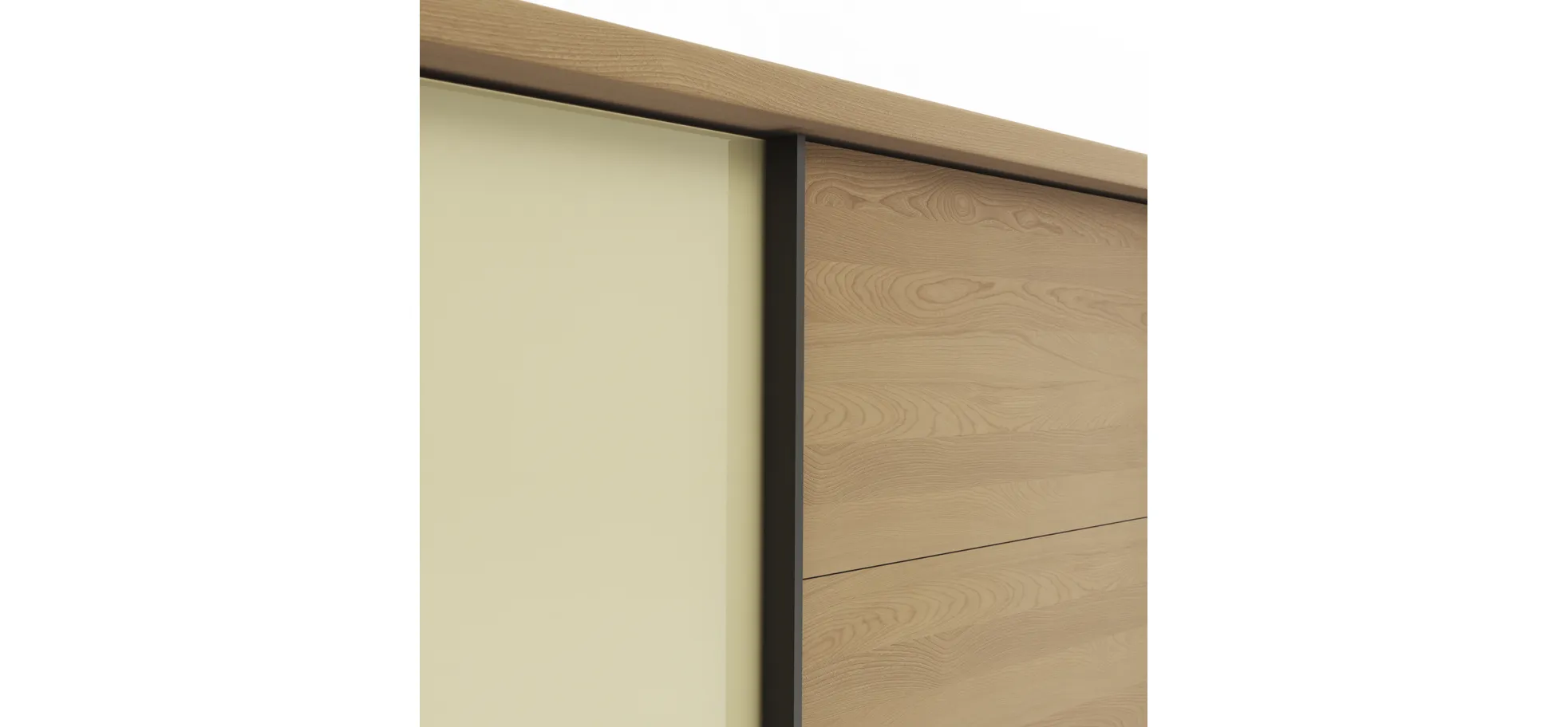 Schwebetürenschrank Lenoso - B. ca. 210 cm, Eiche massiv, Glas Champagner