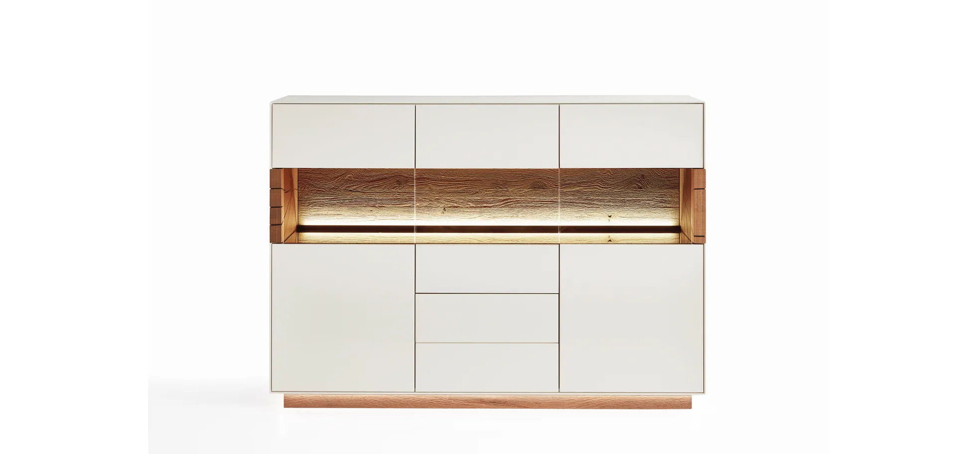Highboard - mit Beleuchtung, Kerneiche Umato massiv, Birke Weiß lackiert