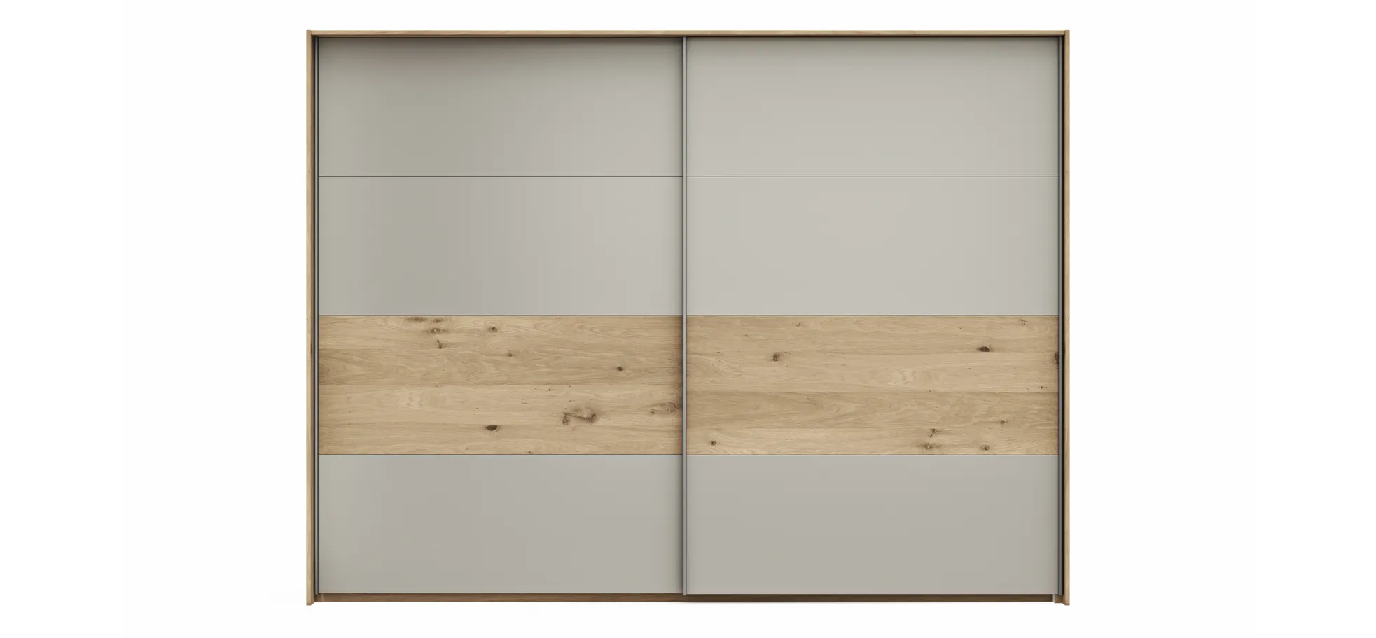 Schwebetürenschrank Viana - B ca. 278 cm, Furnier, Balkeneiche, Hellgrau