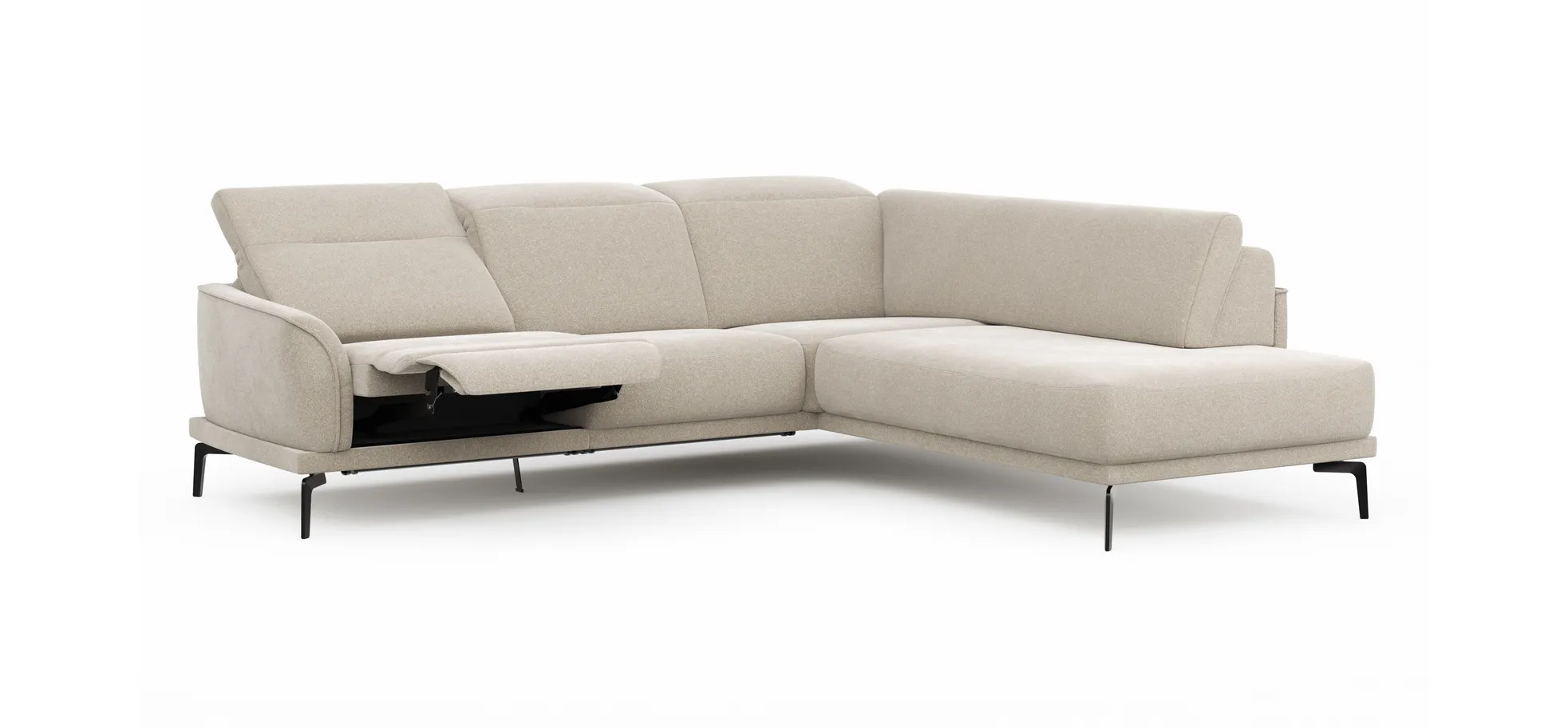Ecksofa Amadena - 2-Sitzer mit Ecke rechts inkl. Relaxfunktion motorisch, Sitzvorzug und Kopfteilverstellung, Stoff, Creme