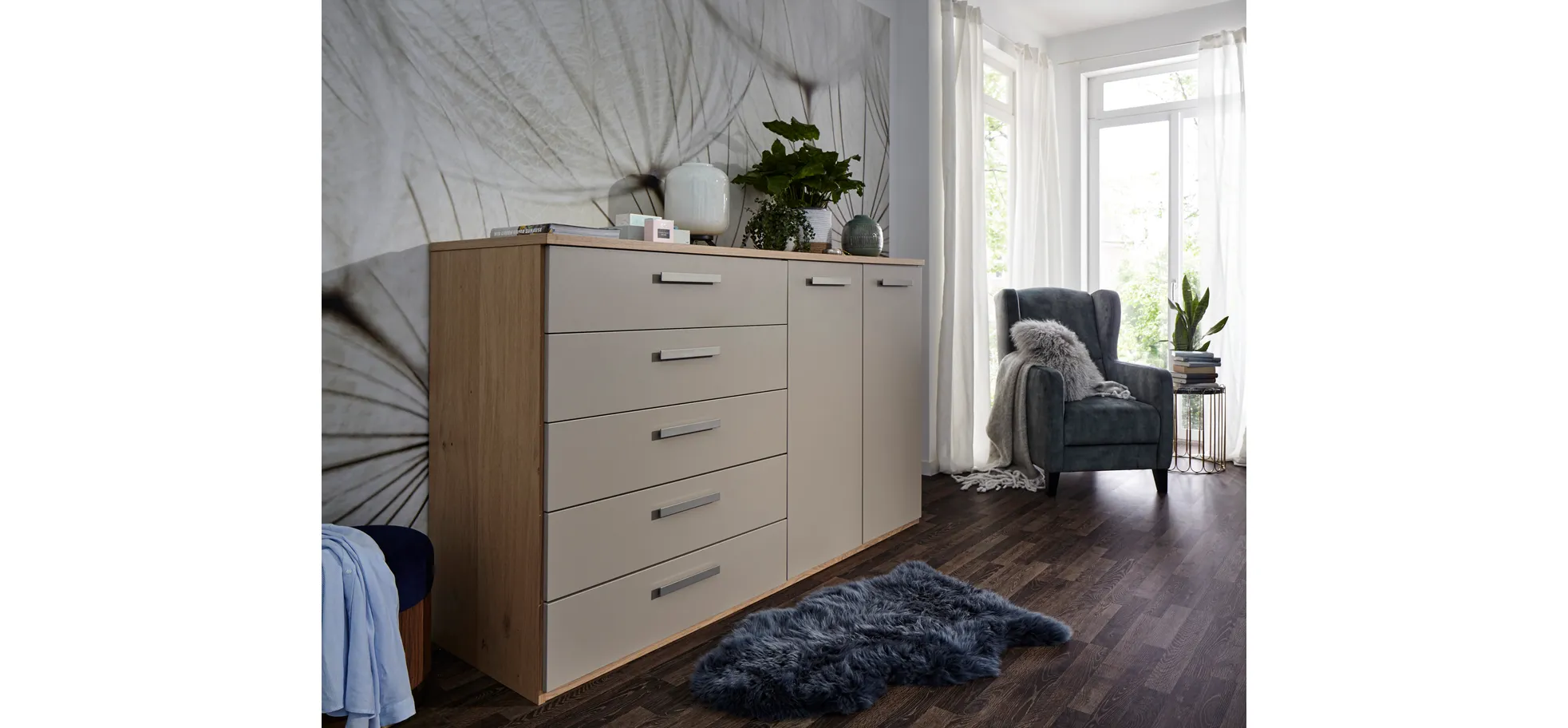 Kommode Viana - Balkeneiche furniert, Taupe
