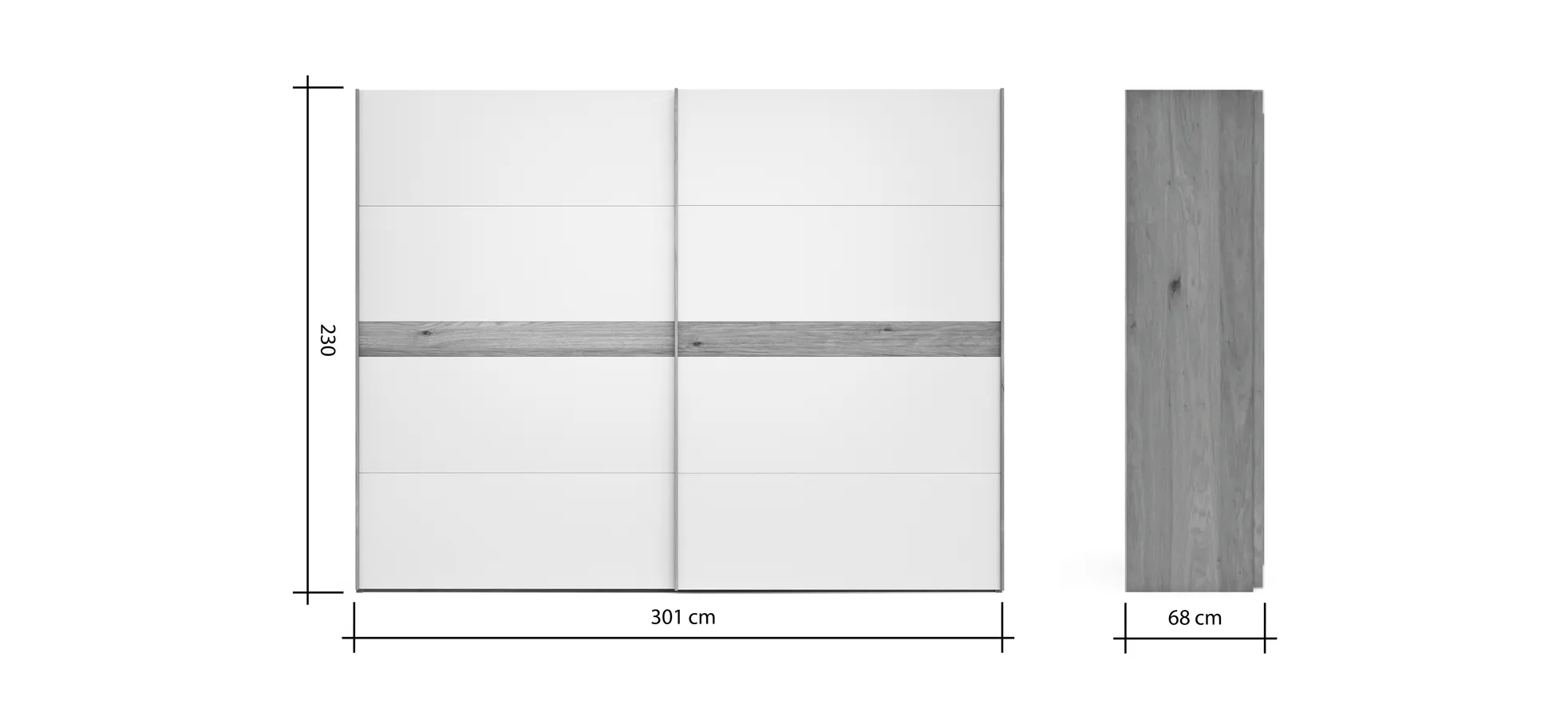 Schwebetürenschrank Viana - B ca. 301 cm, Lack, Steingrau, Riffholz, Balkeneiche