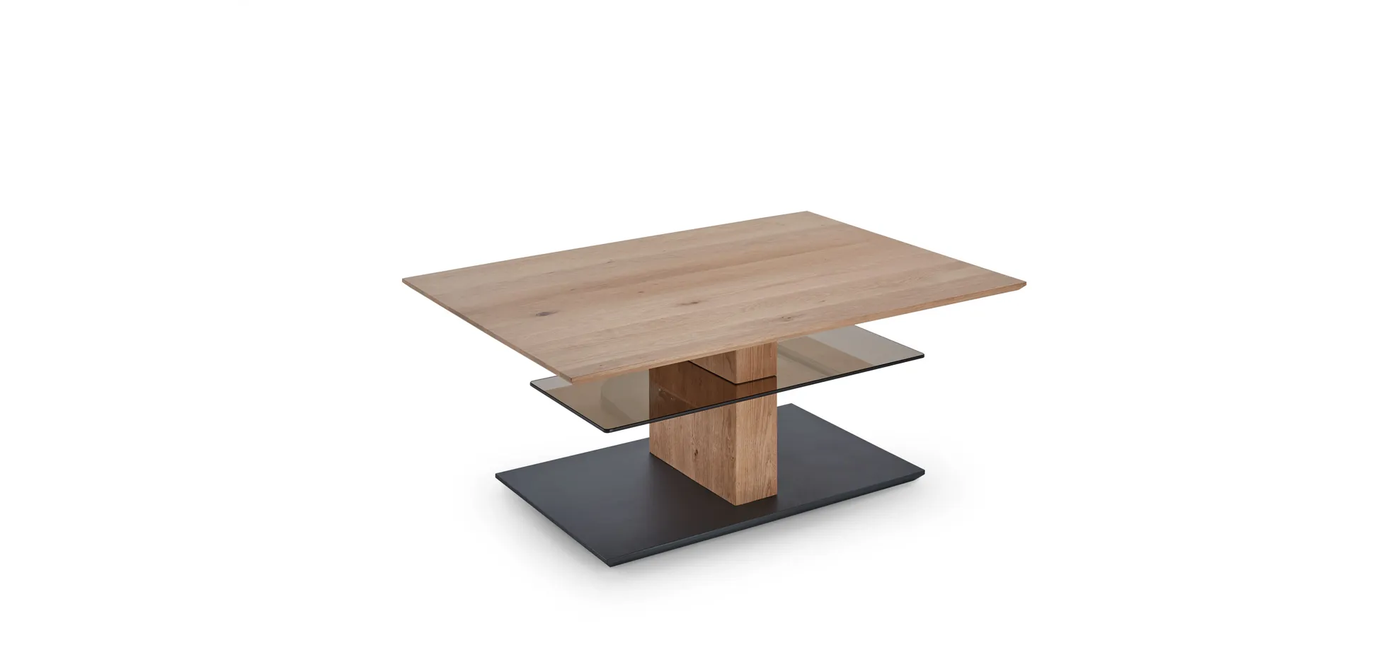 Couchtisch - höhenverstellbar LBH110x80x47(62) cm, Kerneiche Umato massiv, Glas, Bronze