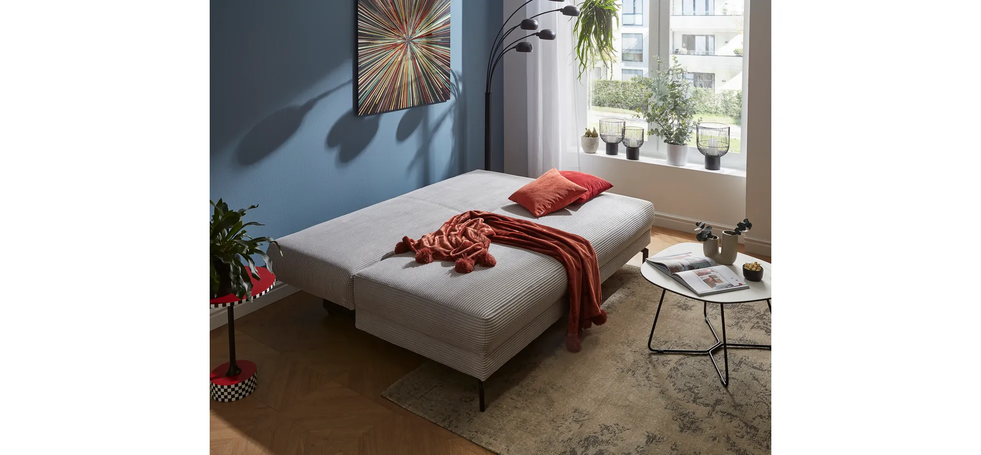 Schlafsofa Salema - 3-Sitzer mit Schlaffunktion (Liegefläche ca. 150x200cm), Stoff, Hellgrau