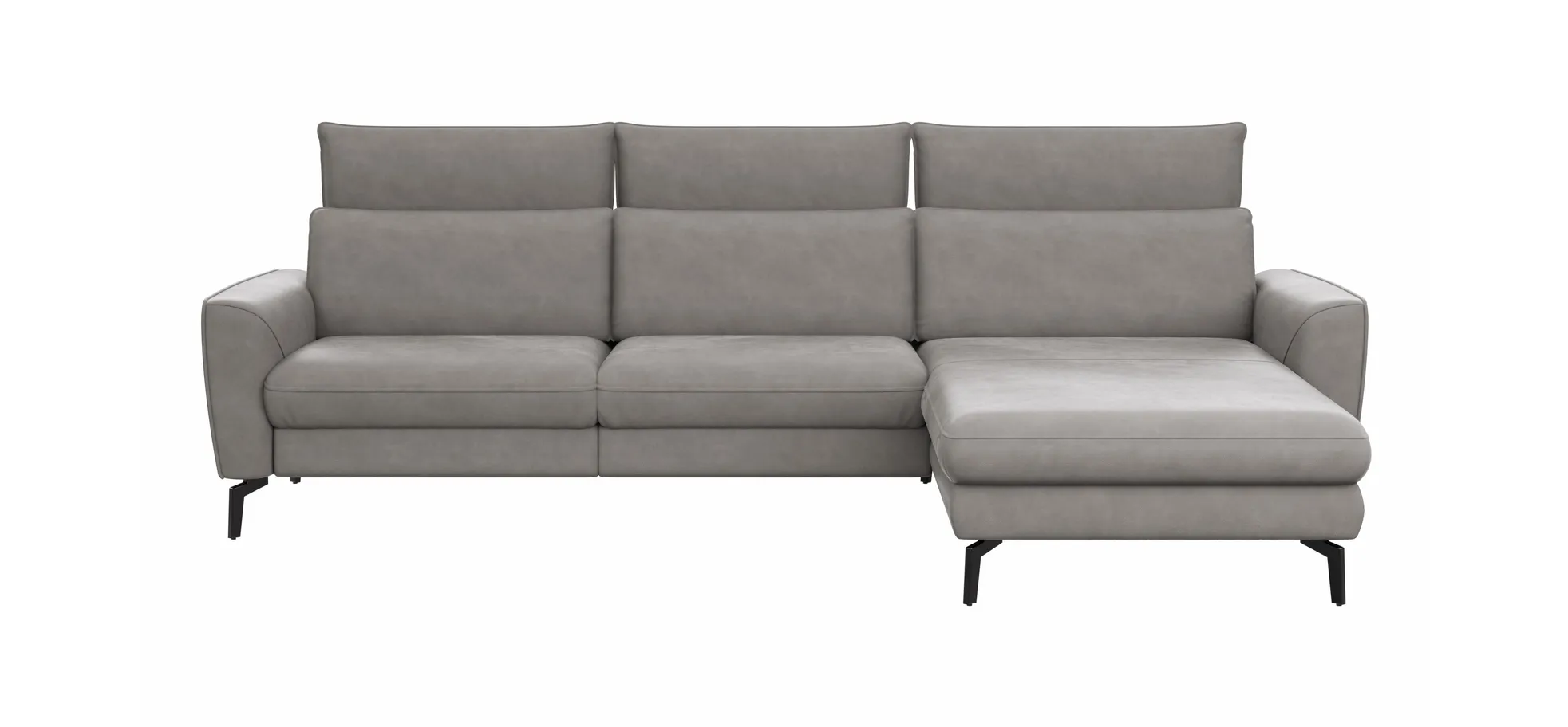 Ecksofa Avela - 2,5-Sitzer mit Longchair rechts inkl. Kopfteile verstellbar, Leder, Steingrau 1291430317