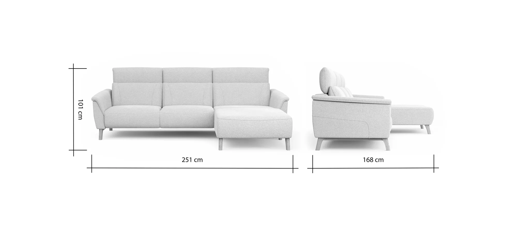 Ecksofa Nevin - 2-Sitzer mit Longchair rechts, inkl. Kopfpolsterverstellung, Stoff, Weiß