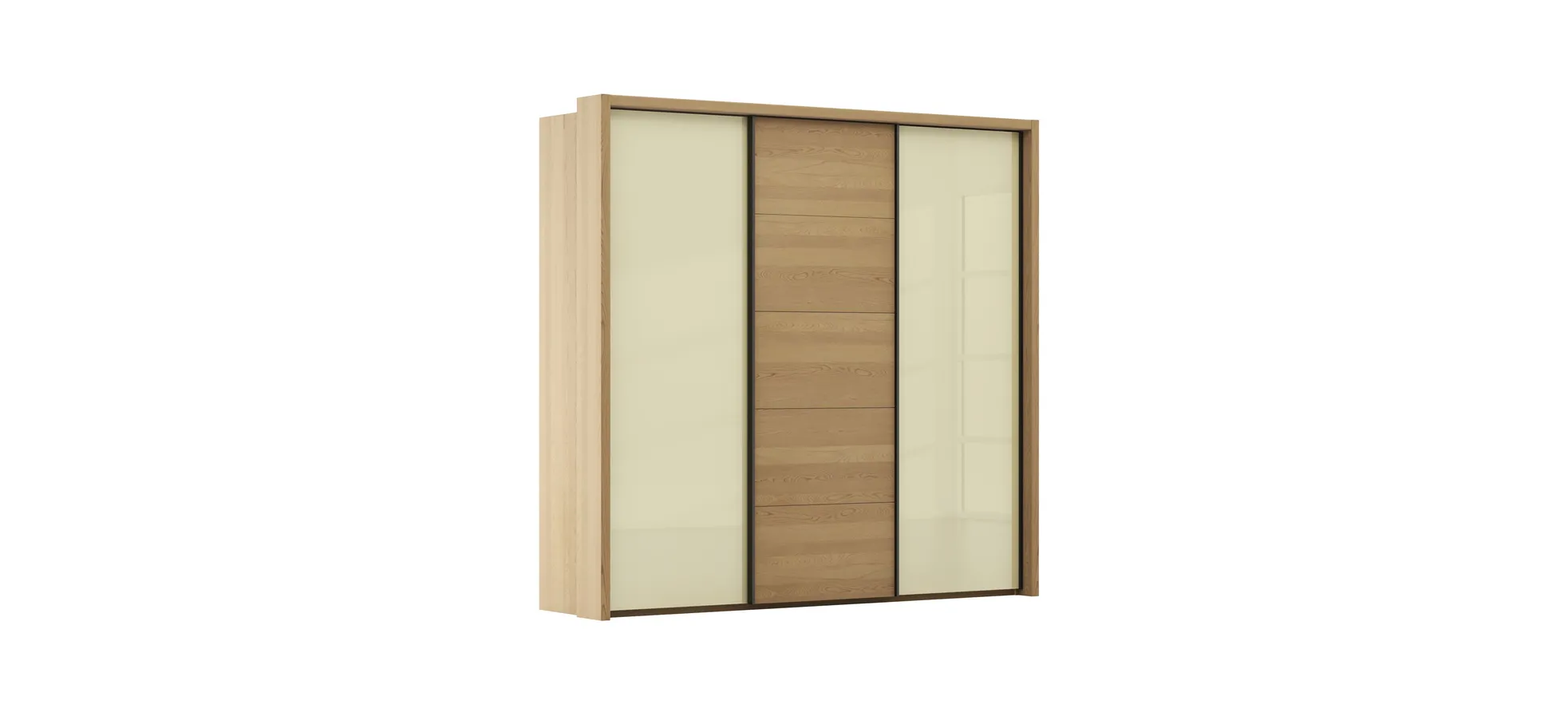 Schwebetürenschrank Lenoso -  B. ca. 260 cm, Eiche massiv, Glas, Champagner 1061062